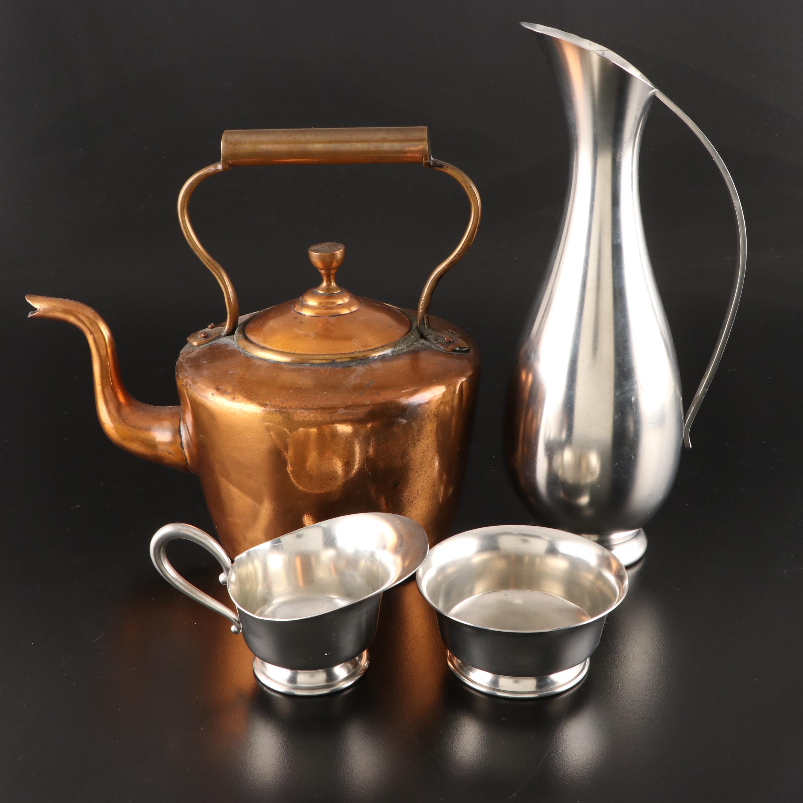 Royal Holland Pewter Pitcher with Cream and Sugar and Other Copper Kettle