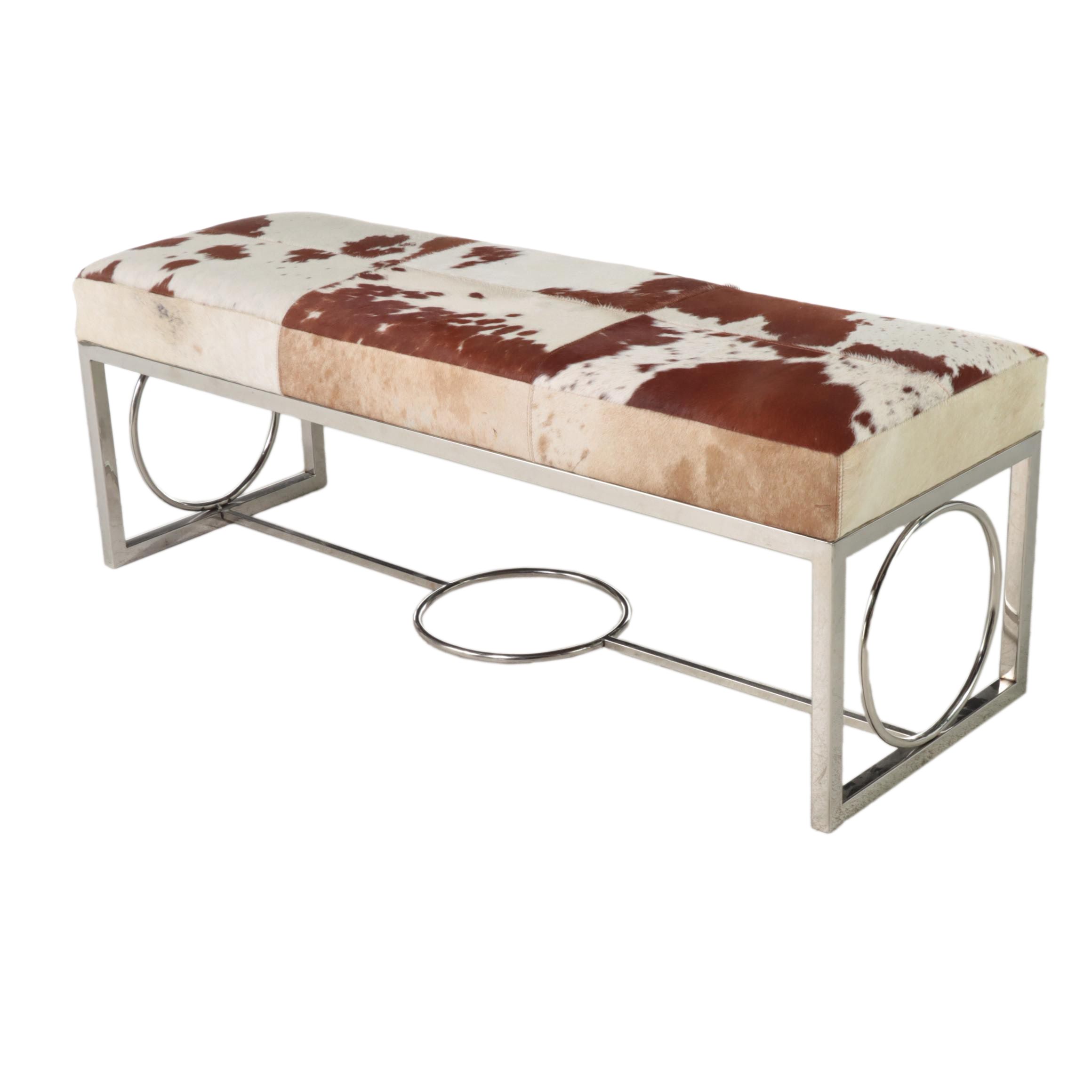 Modern Cowhide Upholstered and Chromed Metal Bench