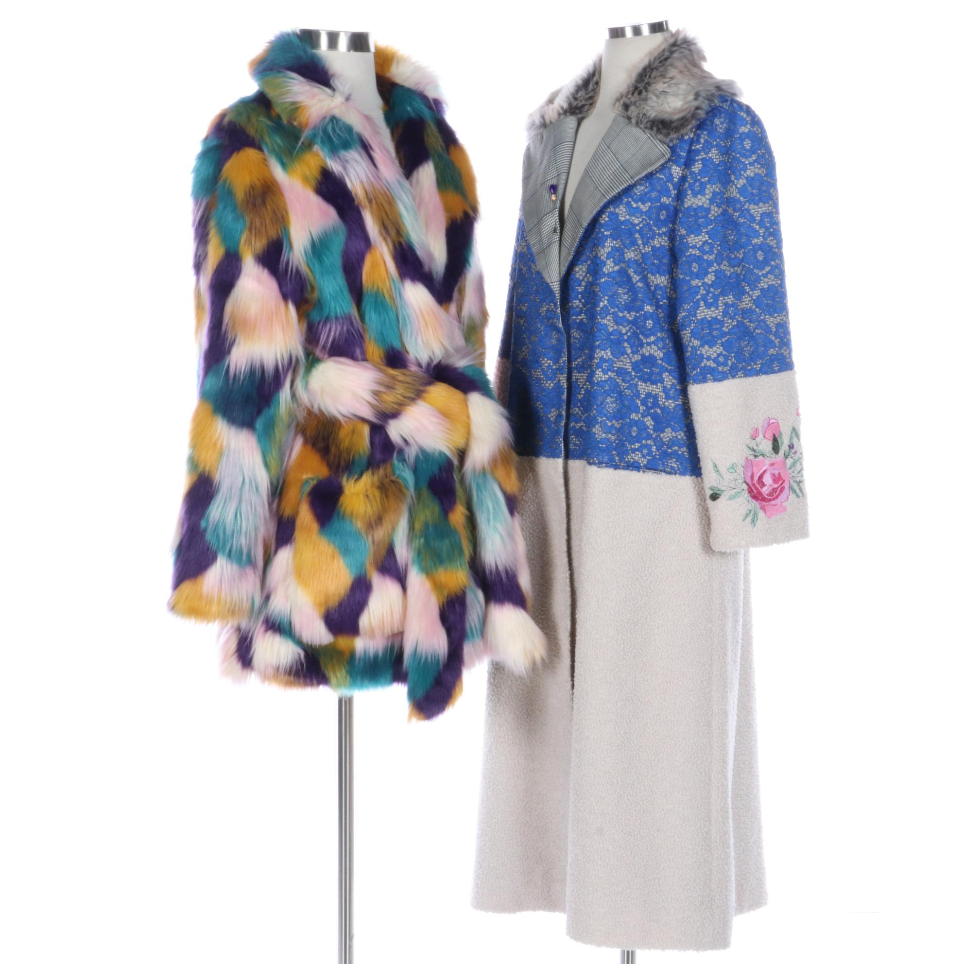 Hutch Multicolor Faux Fur Coat with Hip Curve Patchwork and Embroidered Coat
