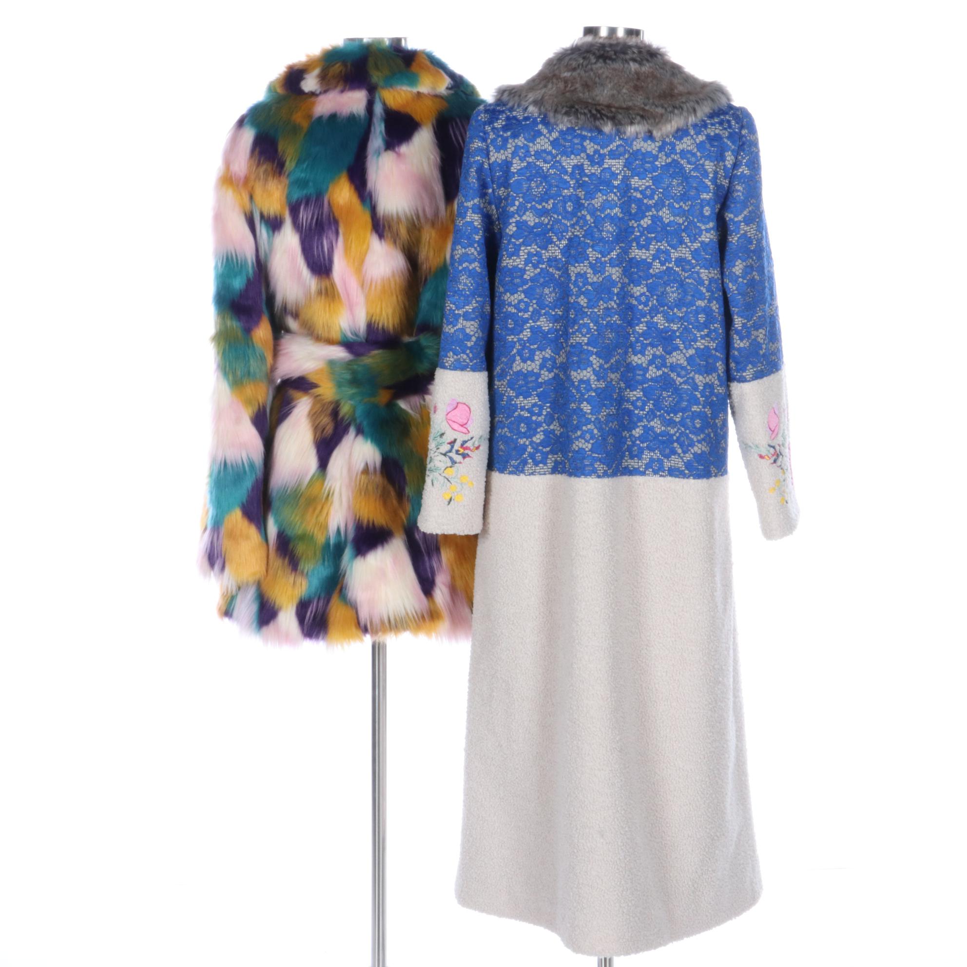 Hutch Multicolor Faux Fur Coat with Hip Curve Patchwork and Embroidered Coat