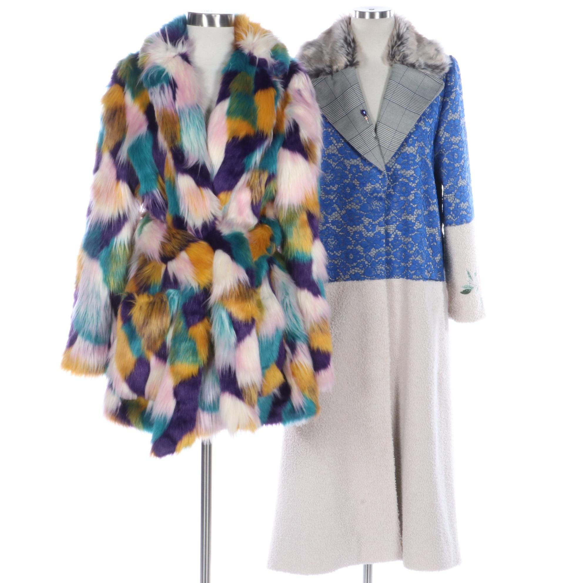 Hutch Multicolor Faux Fur Coat with Hip Curve Patchwork and Embroidered Coat