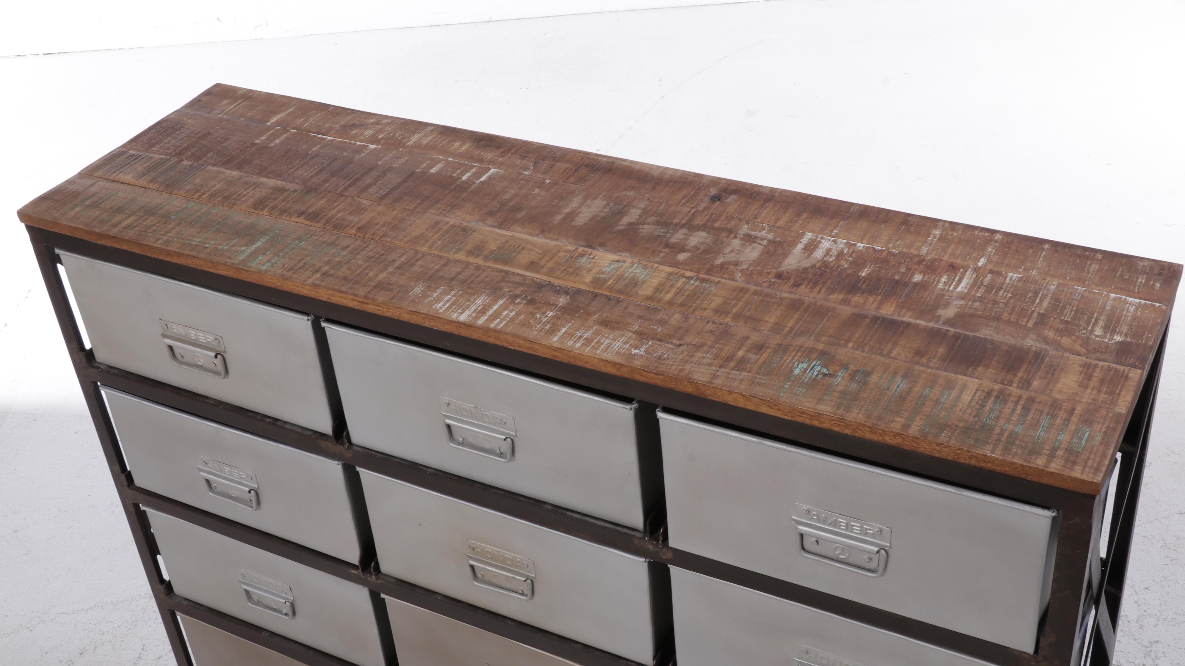 Outlook Intl. Industrial Style Patinated Metal and Hardwood Fifteen-Drawer Chest