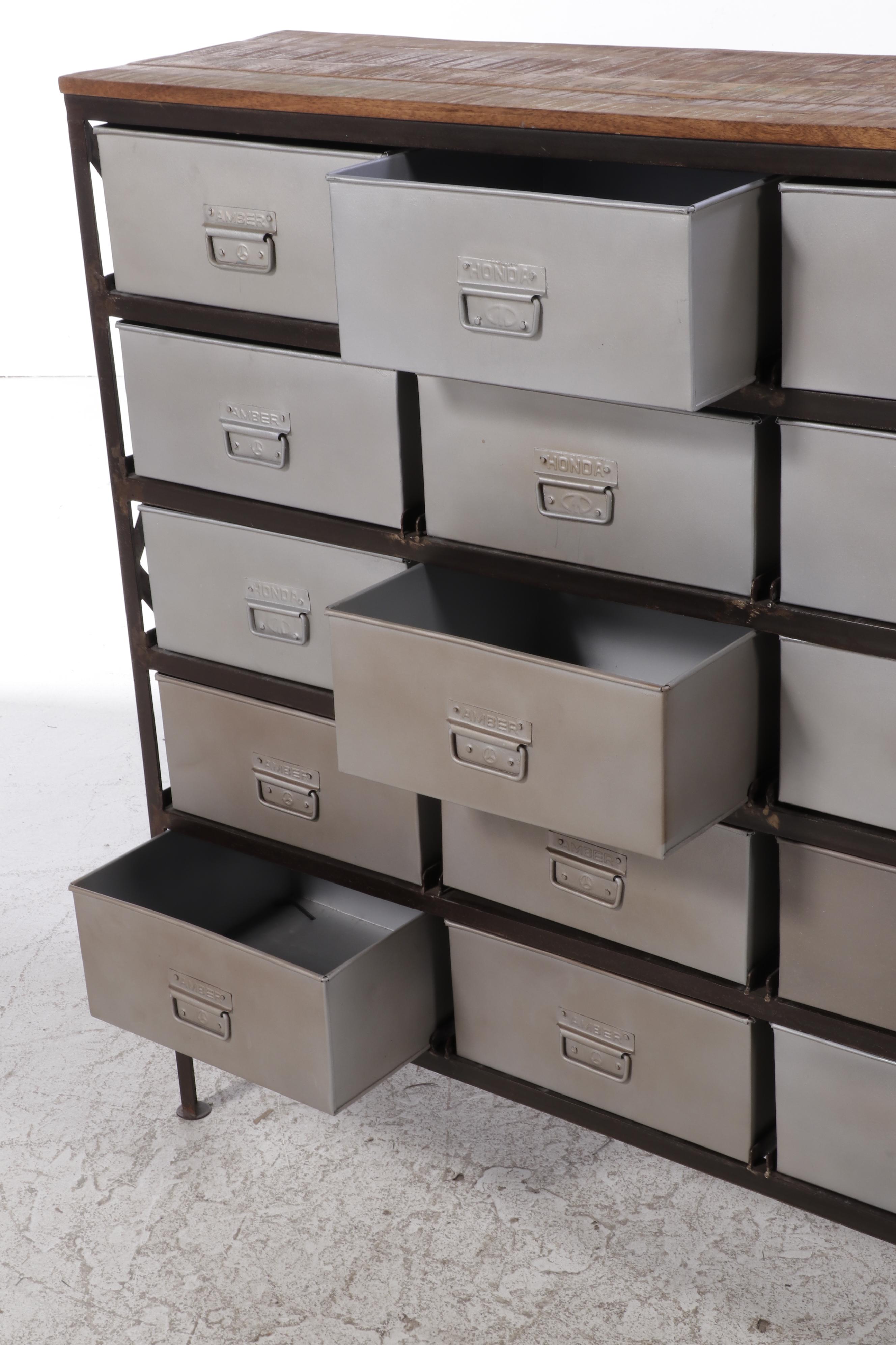 Outlook Intl. Industrial Style Patinated Metal and Hardwood Fifteen-Drawer Chest