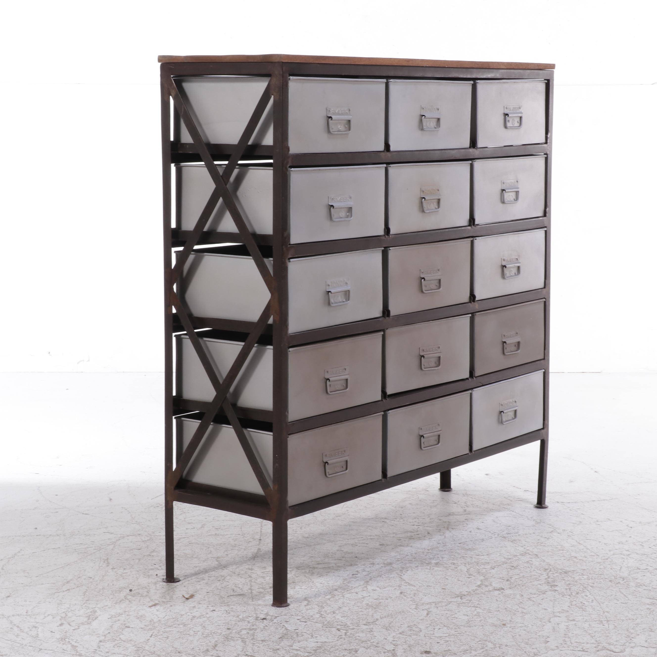 Outlook Intl. Industrial Style Patinated Metal and Hardwood Fifteen-Drawer Chest