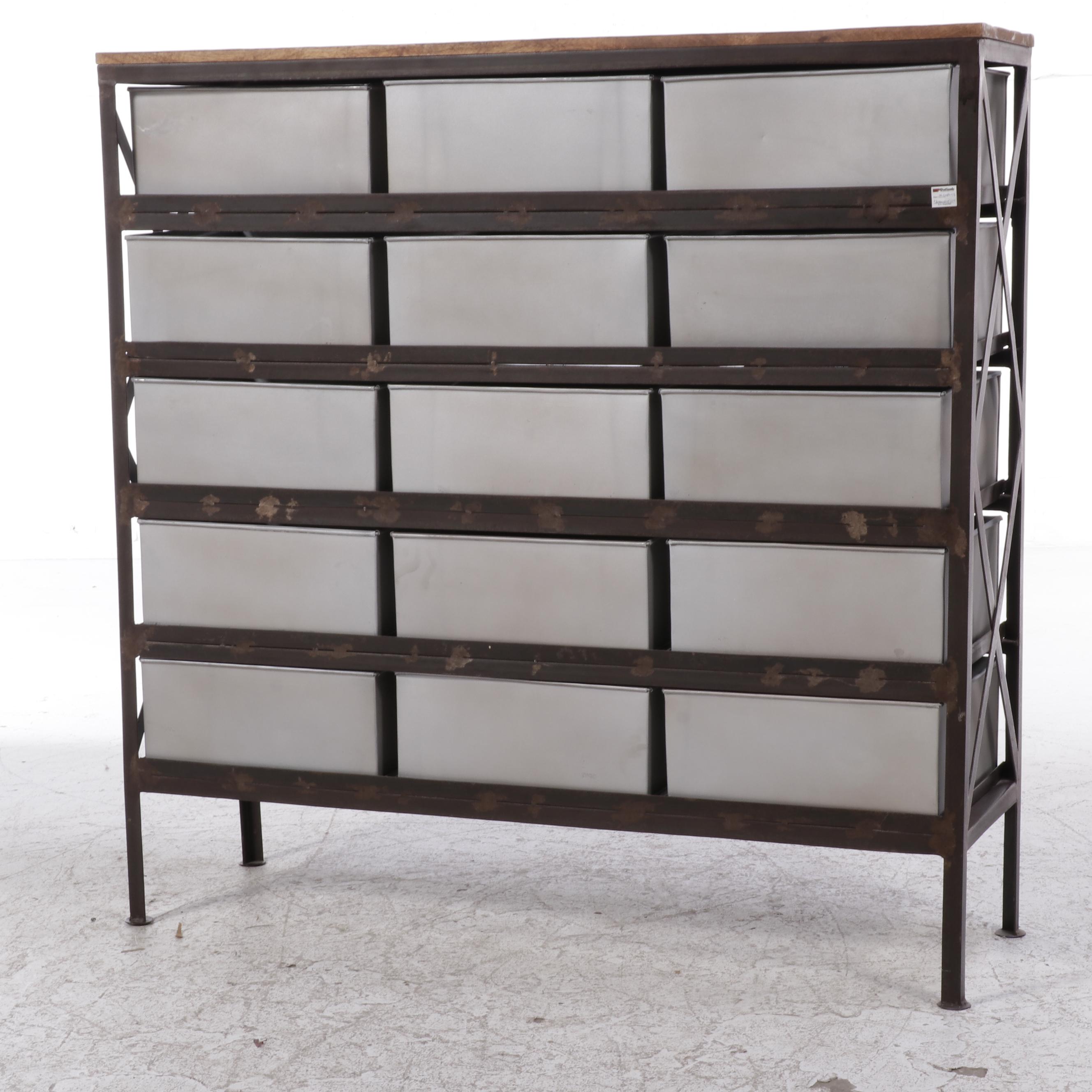 Outlook Intl. Industrial Style Patinated Metal and Hardwood Fifteen-Drawer Chest