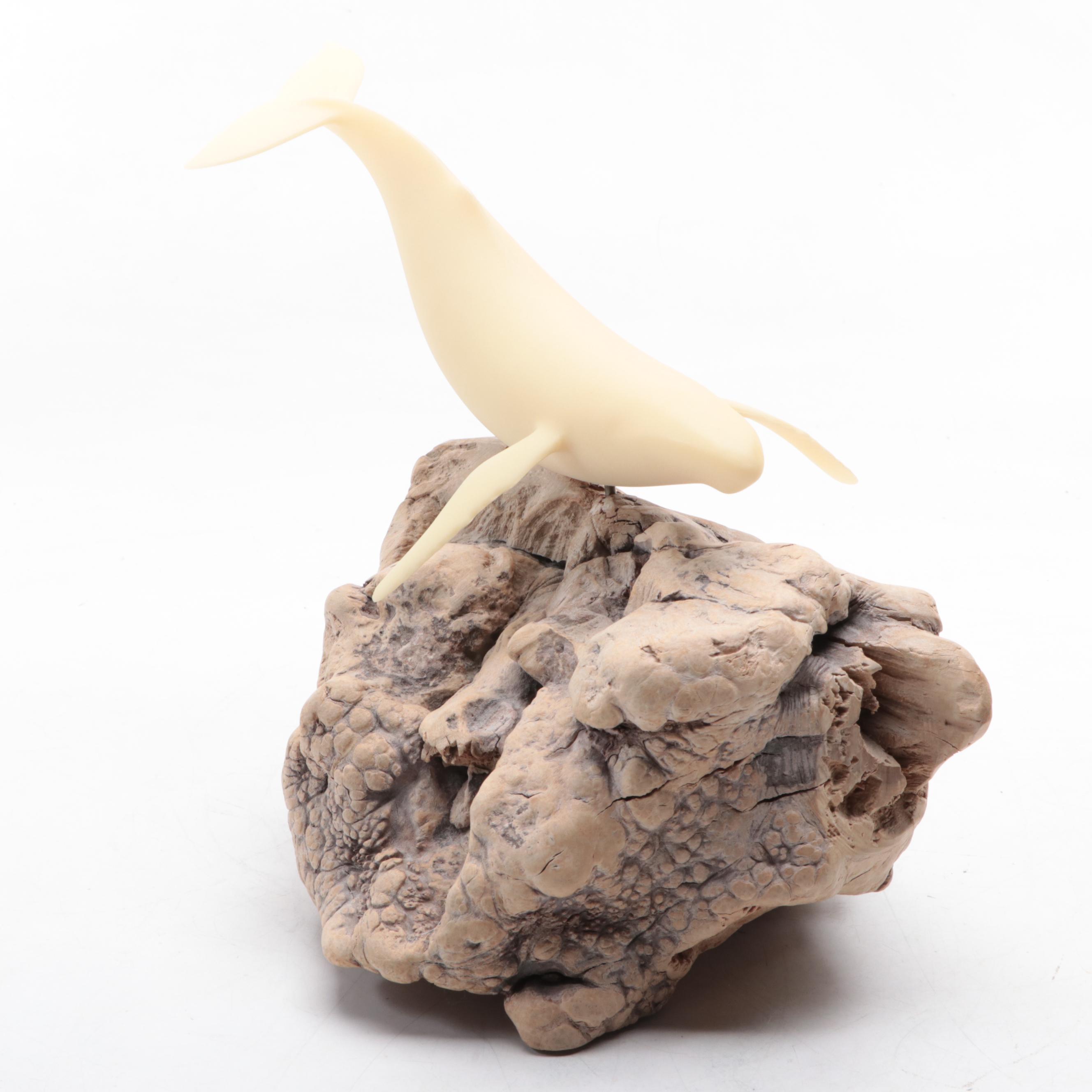 John Perry Resin Sculpture of a Whale with Fossil Coral and Starfish Specimen