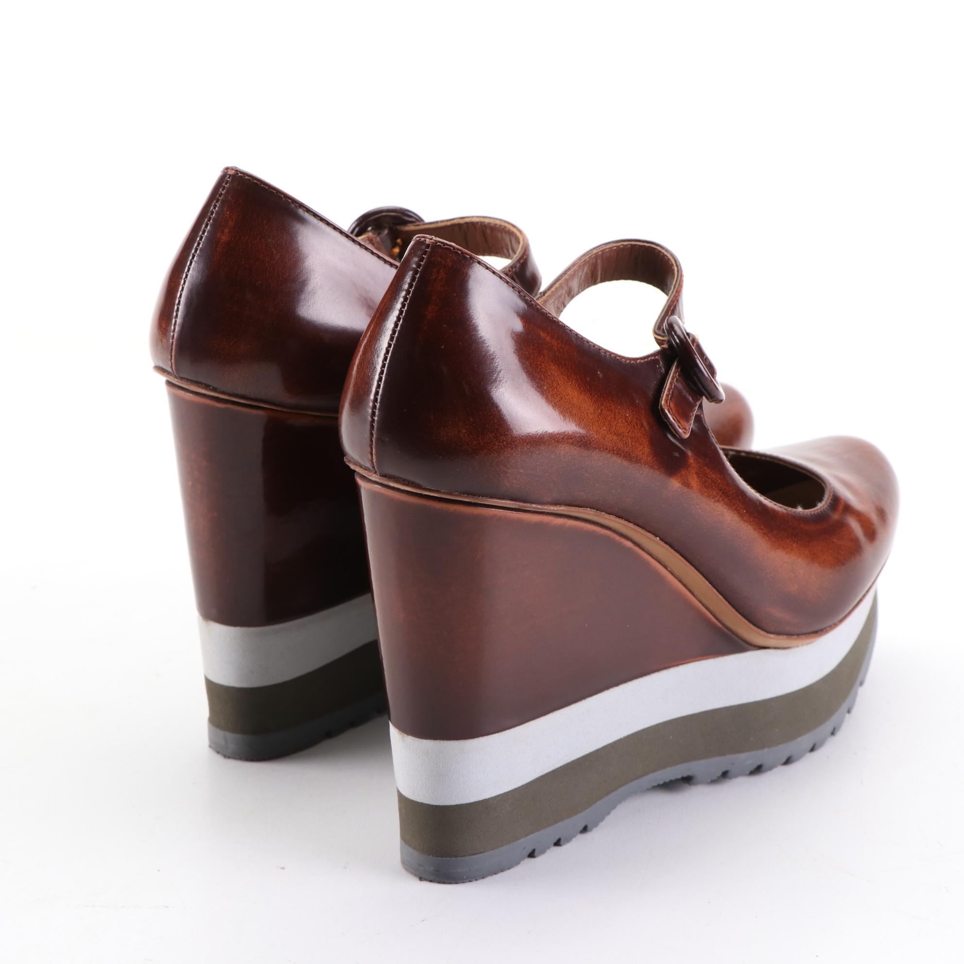 Prada Leather Platform Mary Jane Wedge Pumps