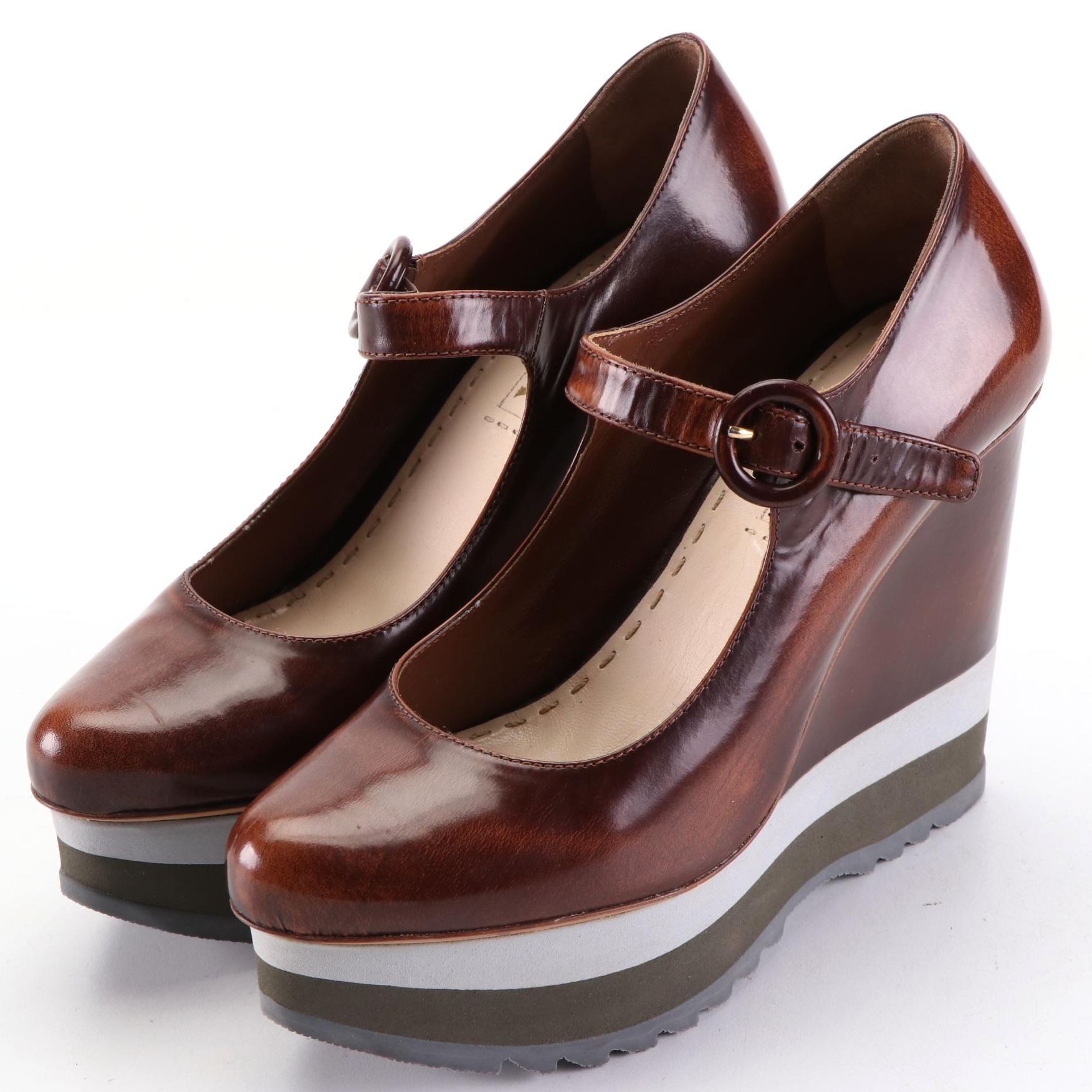 Prada Leather Platform Mary Jane Wedge Pumps