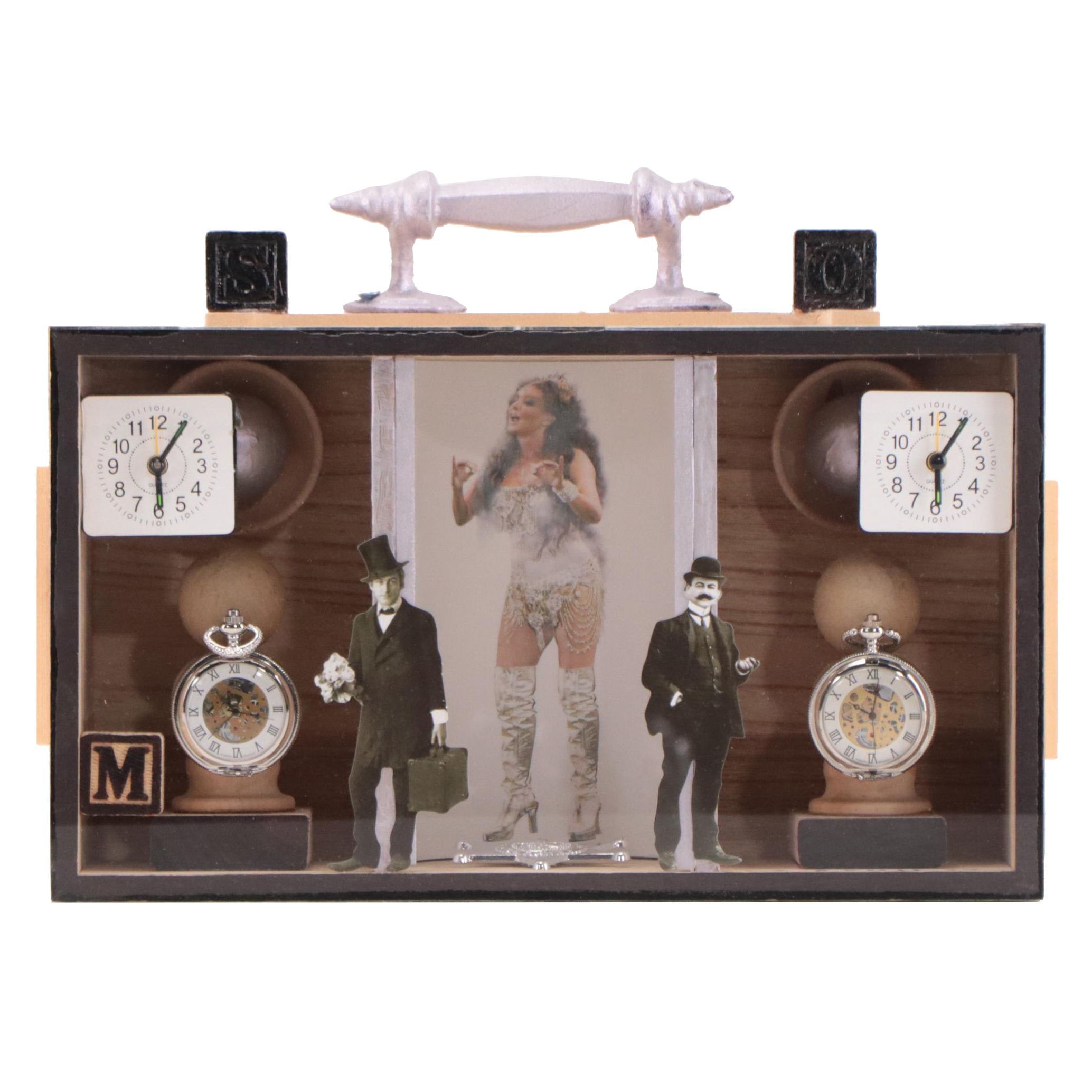 Elmer Ruff Mixed Media Assemblage Diorama with Clocks, 2022