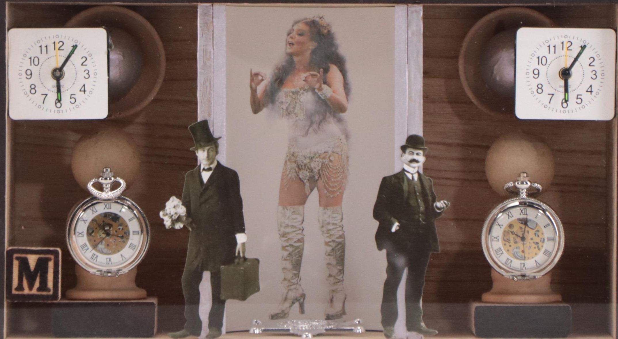 Elmer Ruff Mixed Media Assemblage Diorama with Clocks, 2022