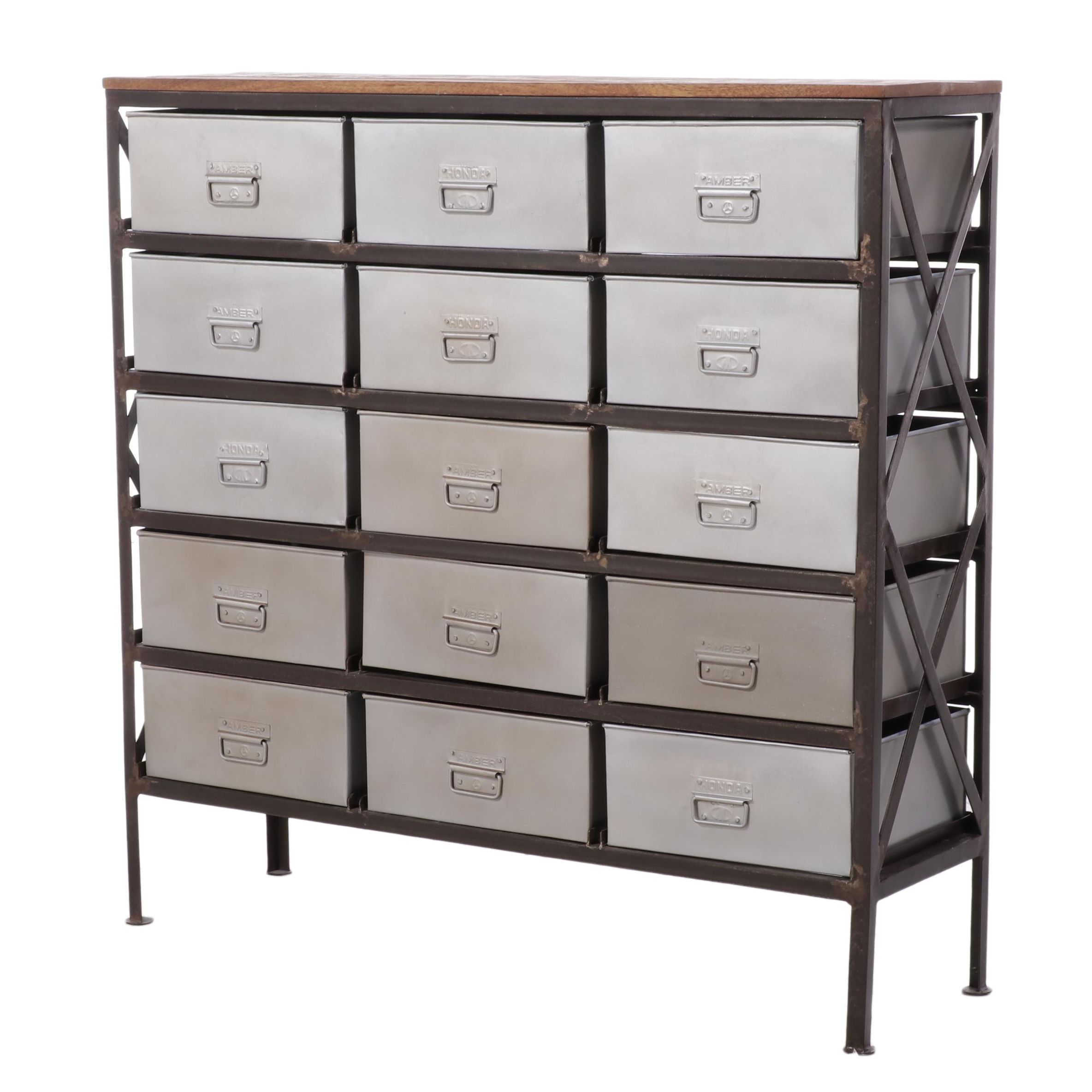 Outlook Intl. Industrial Style Patinated Metal and Hardwood Fifteen-Drawer Chest