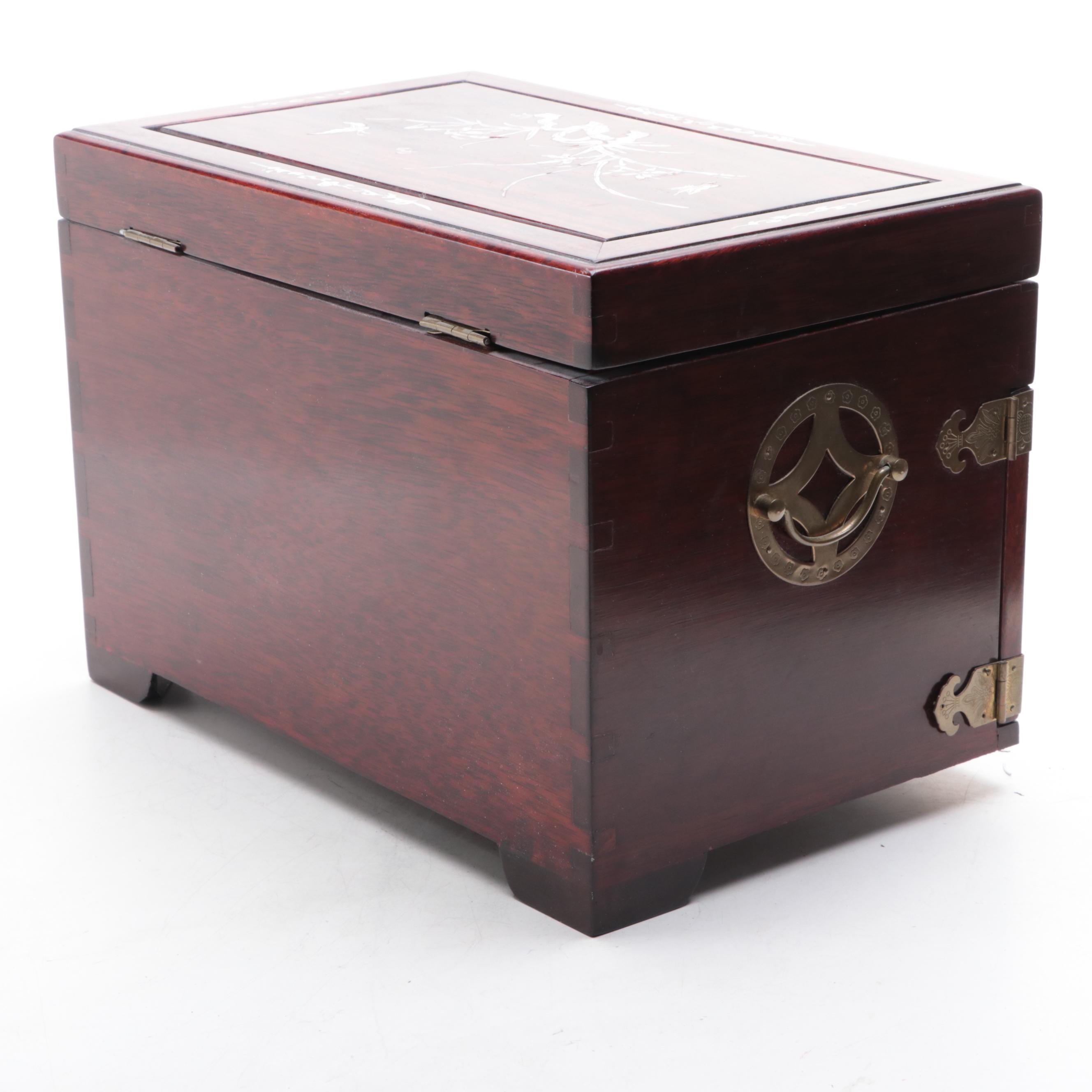 Chinese Brass-Mounted and Shell-Inlaid Rosewood Jewelry Box