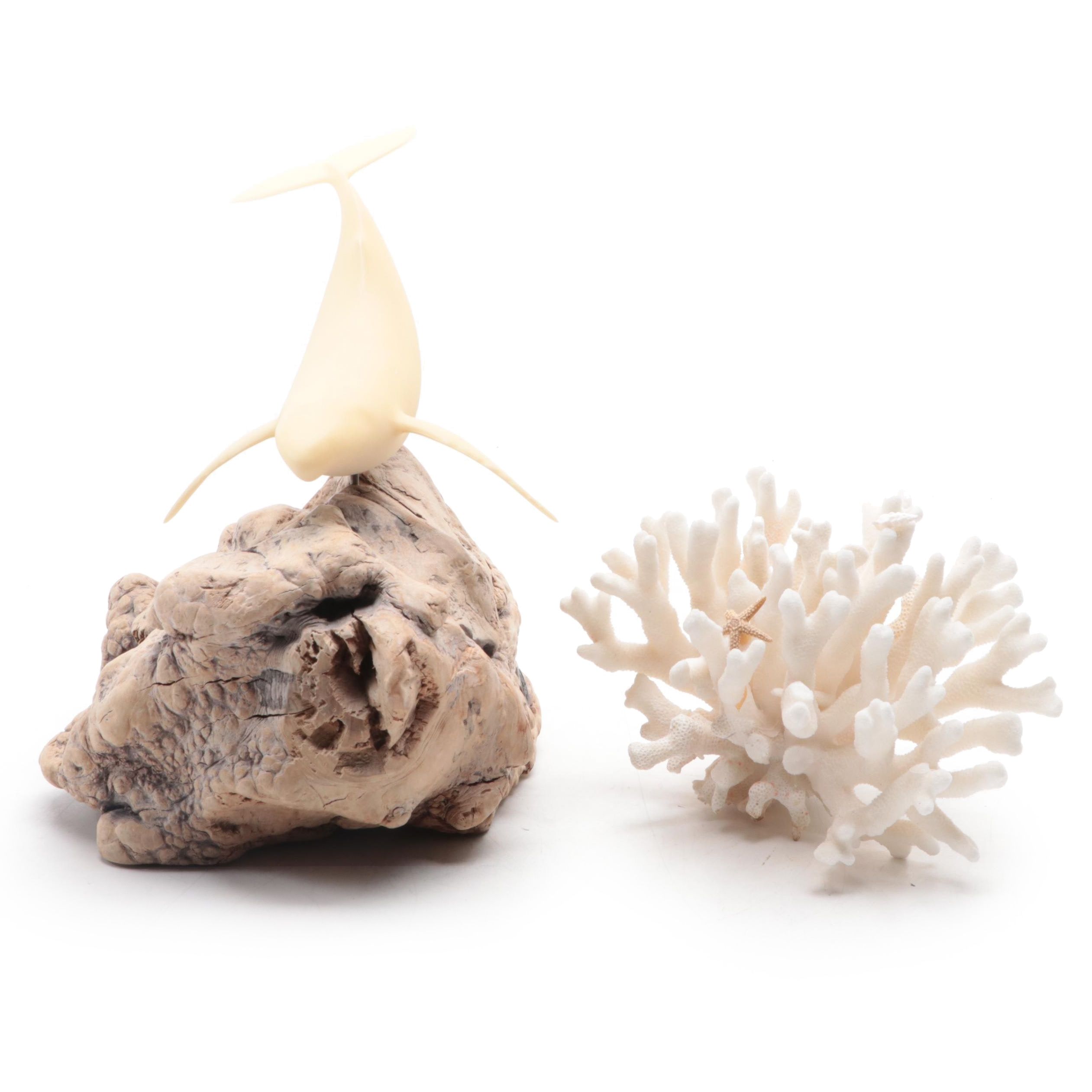 John Perry Resin Sculpture of a Whale with Fossil Coral and Starfish Specimen