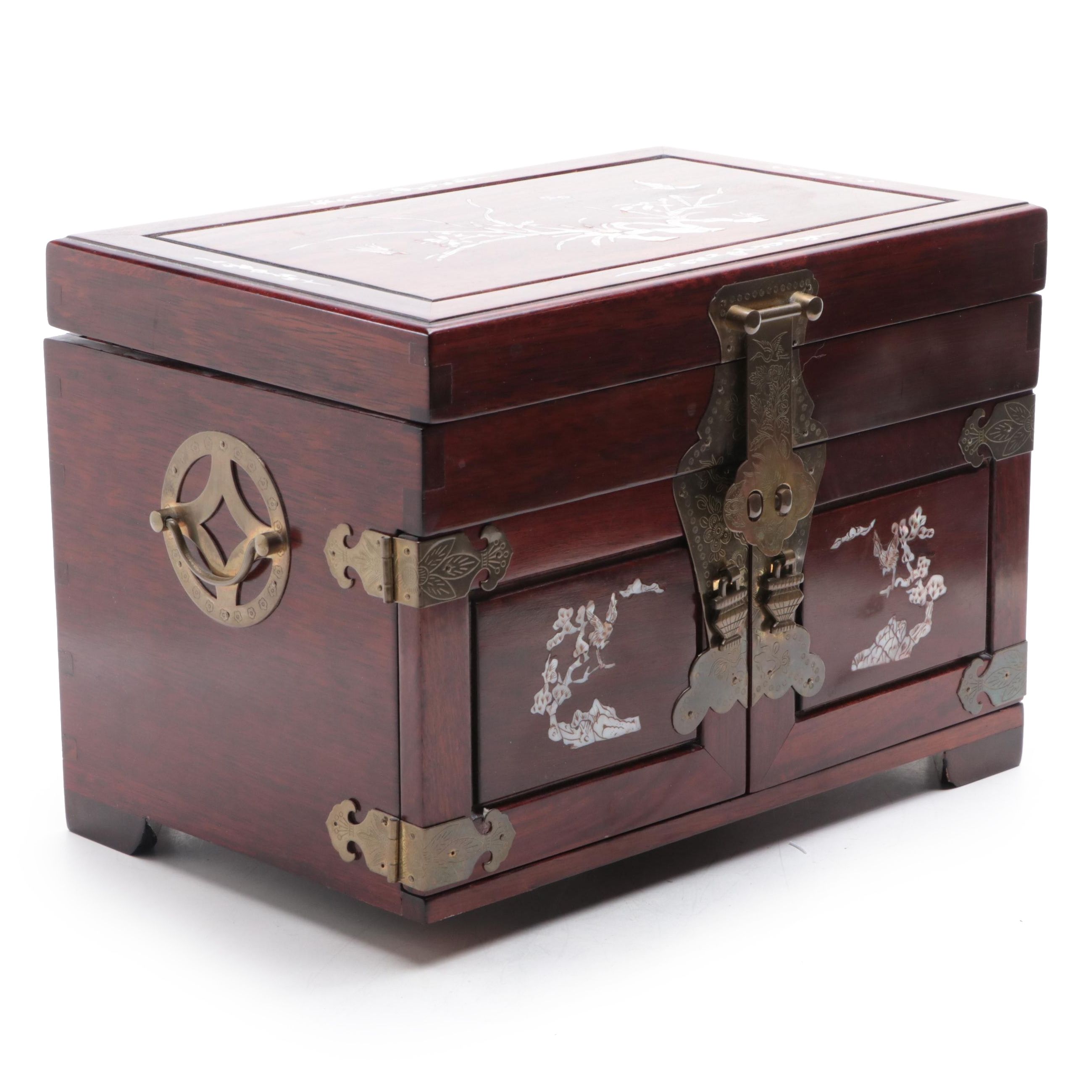 Chinese Brass-Mounted and Shell-Inlaid Rosewood Jewelry Box