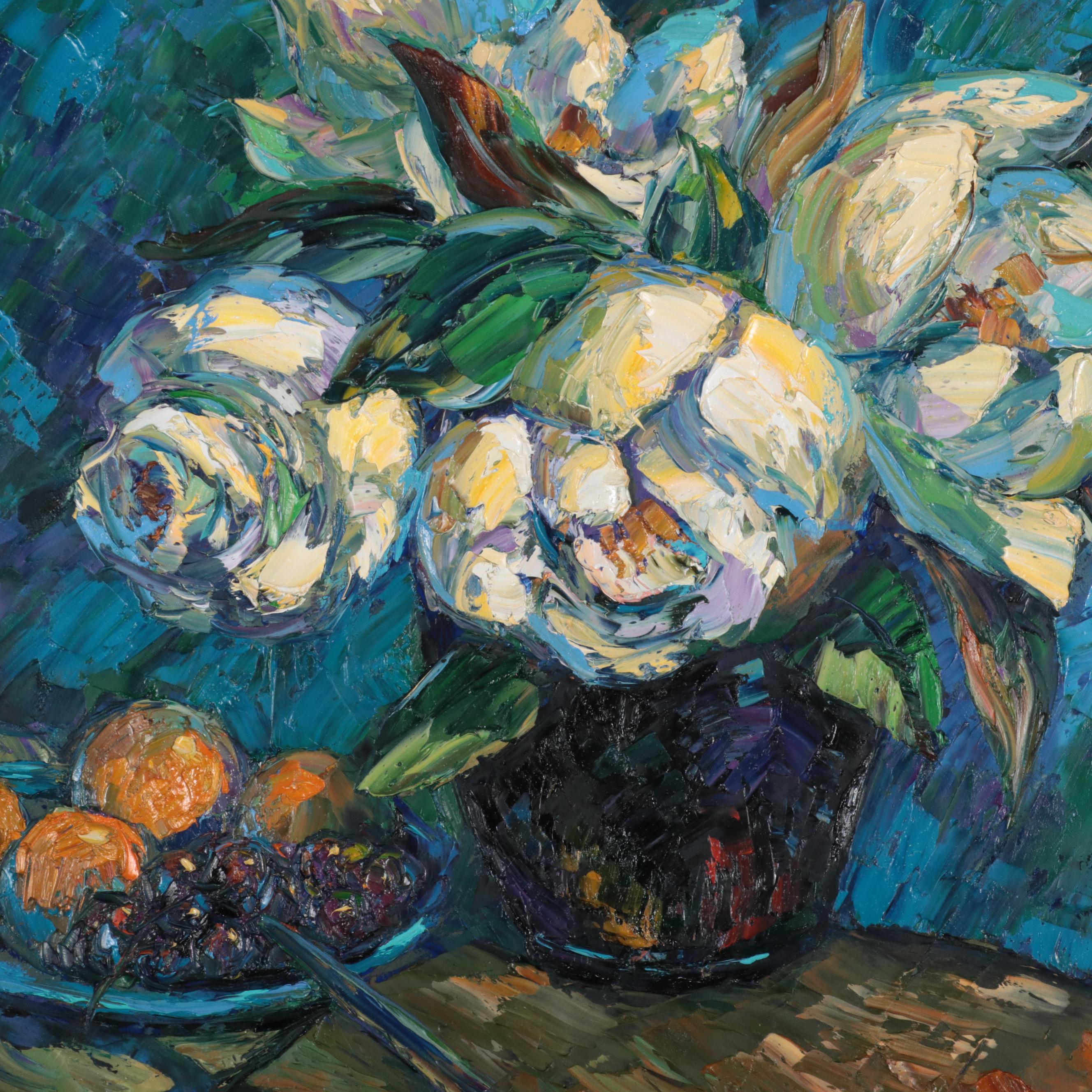 Wen Ze Chen Floral Still Life Oil Painting "Blue Poem," 1995