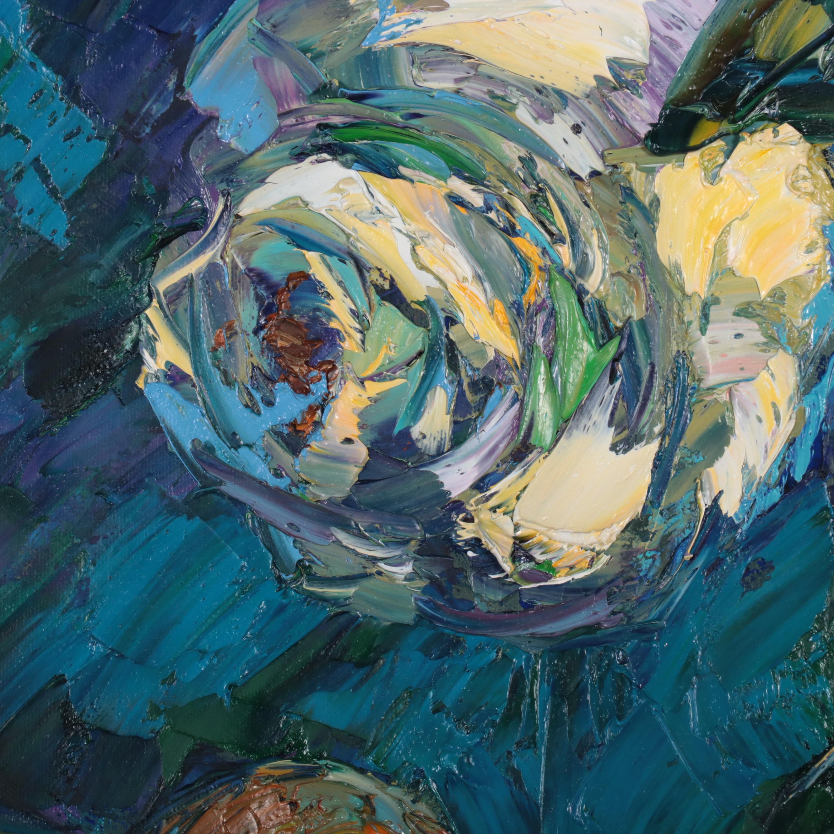 Wen Ze Chen Floral Still Life Oil Painting "Blue Poem," 1995