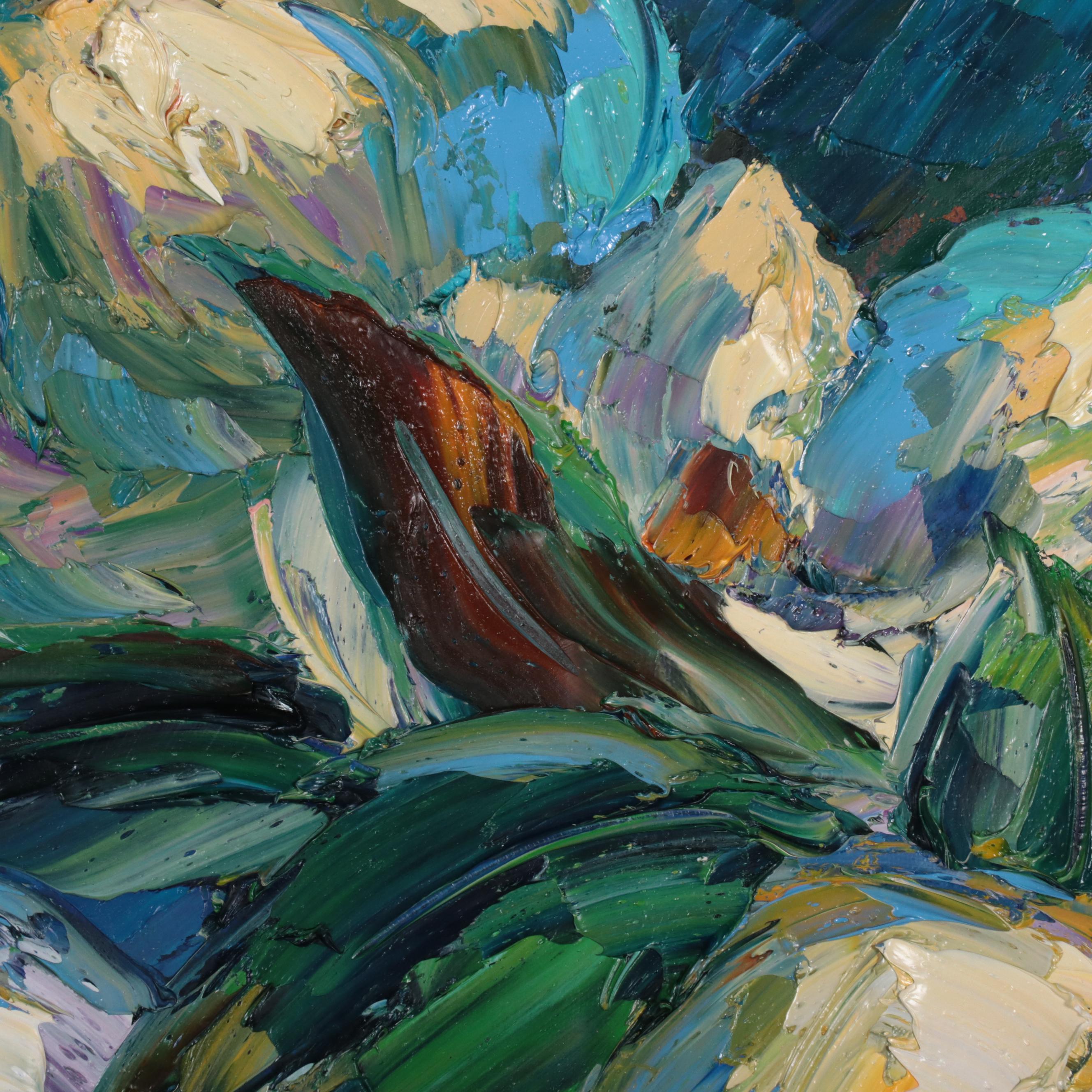 Wen Ze Chen Floral Still Life Oil Painting "Blue Poem," 1995