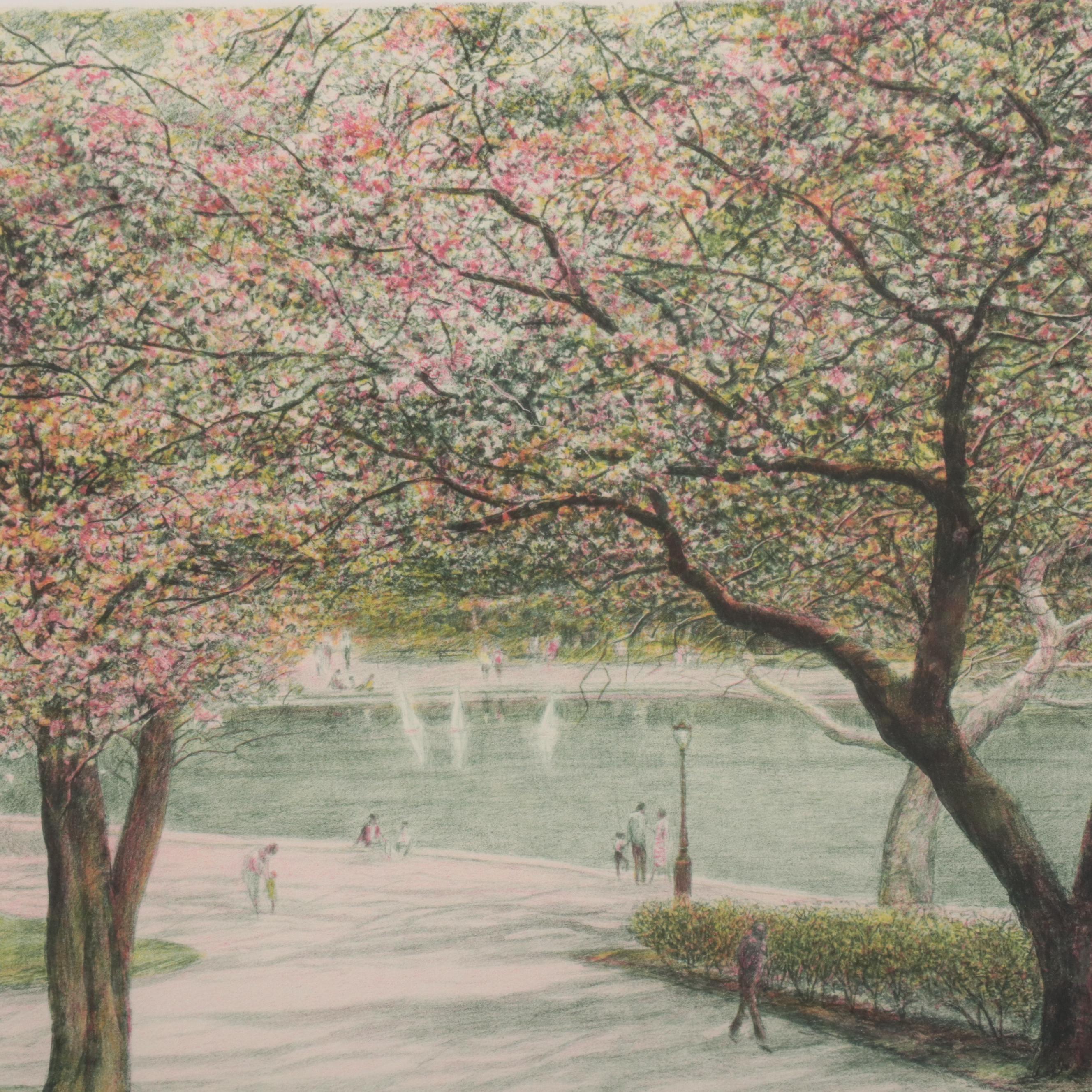 Harold Altman Lithograph of Park Scene "Sailboats," 1990