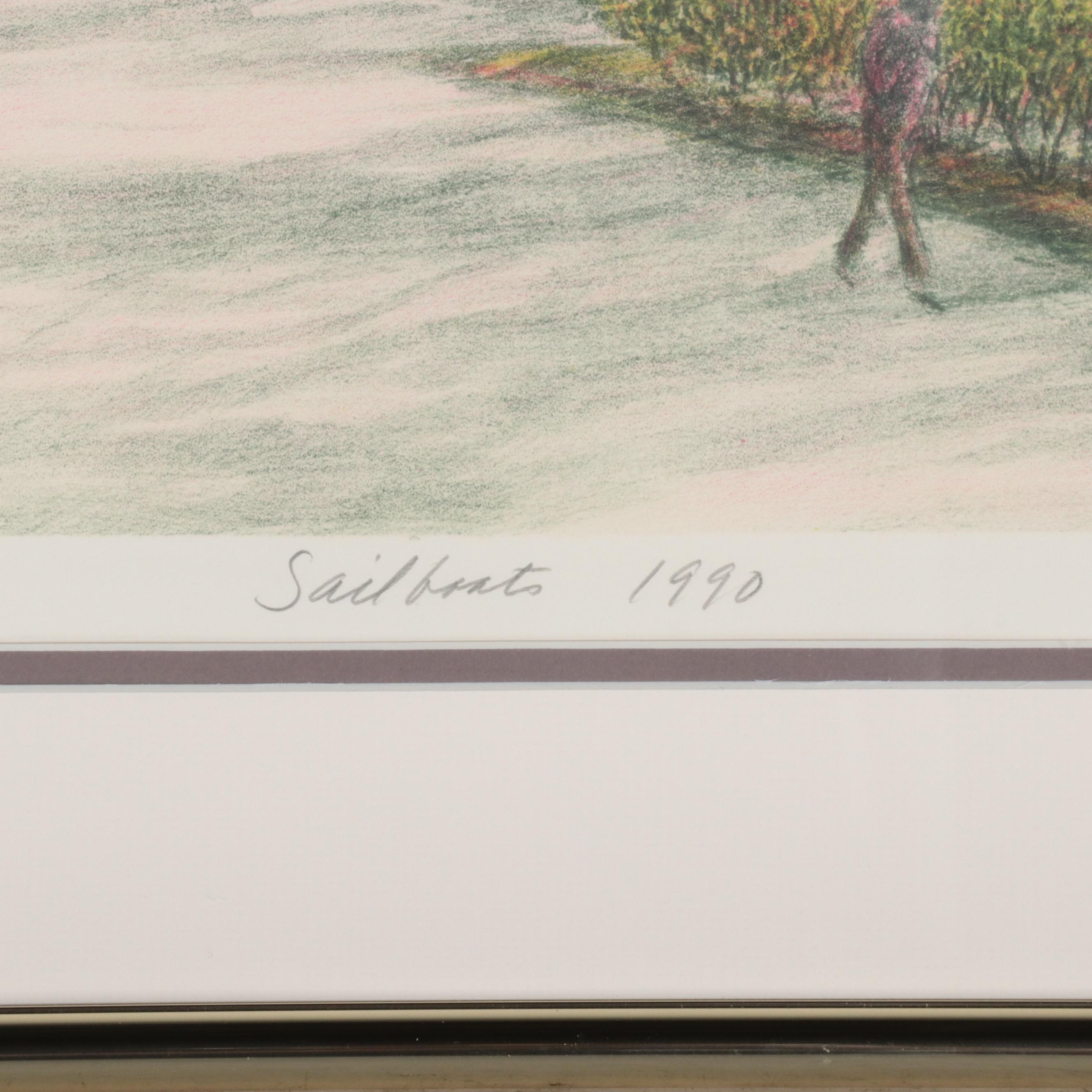 Harold Altman Lithograph of Park Scene "Sailboats," 1990