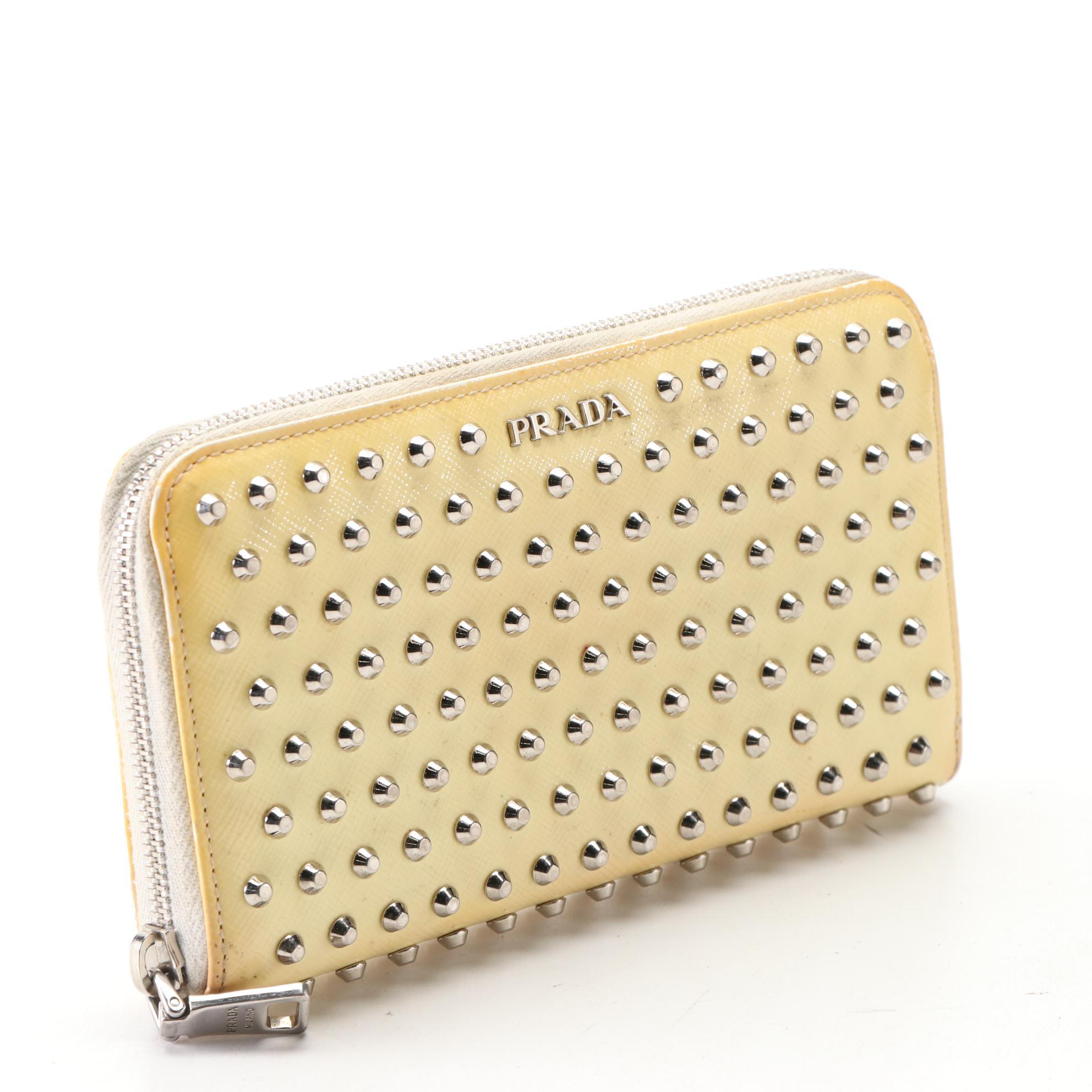 Prada Studded Zippy Wallet 1M0506 in Patent Leather with Box