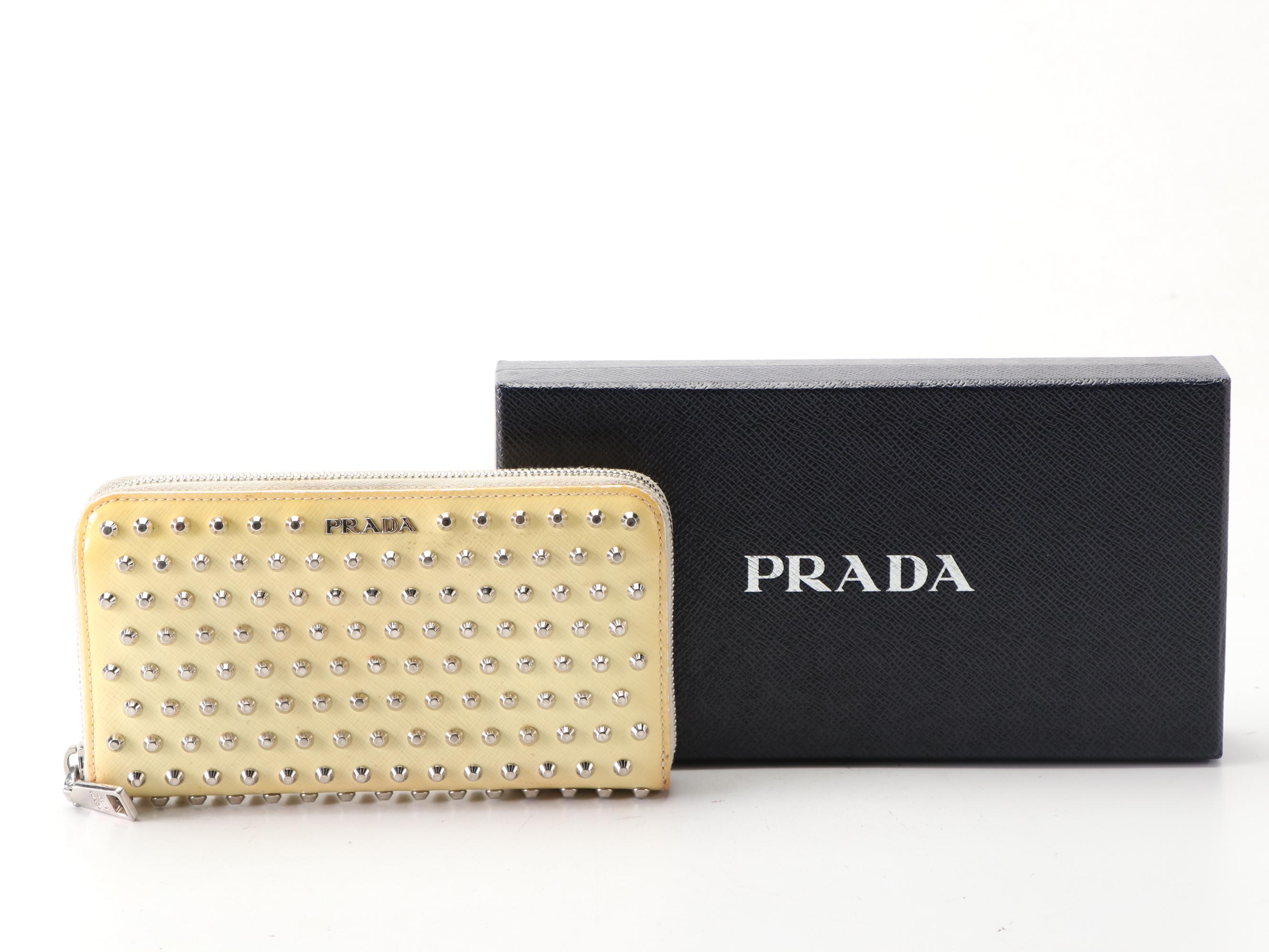 Prada Studded Zippy Wallet 1M0506 in Patent Leather with Box