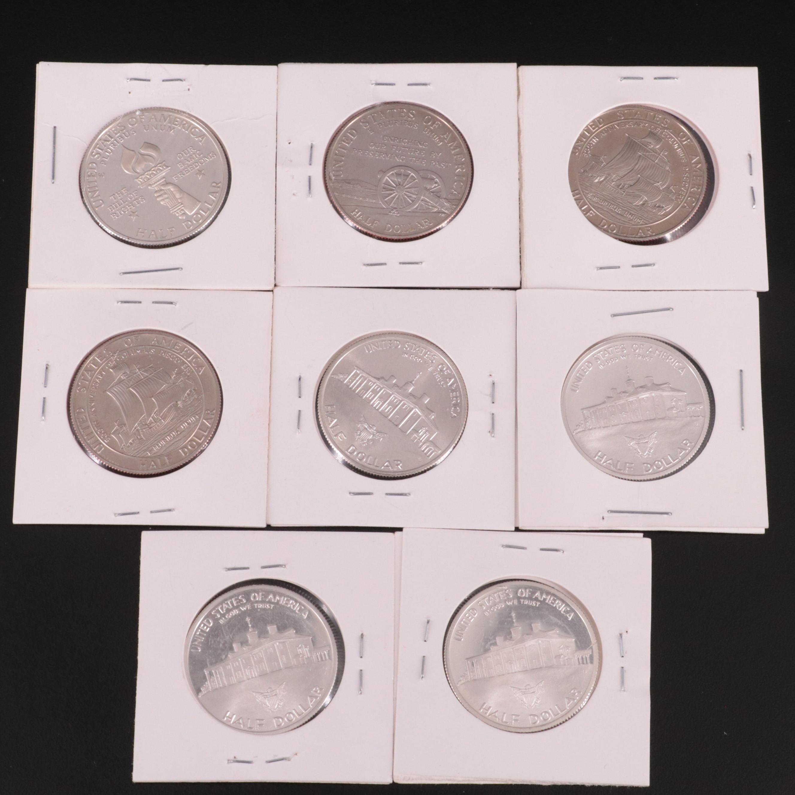 Eight Modern Commemorative Half Dollars, Including Silver