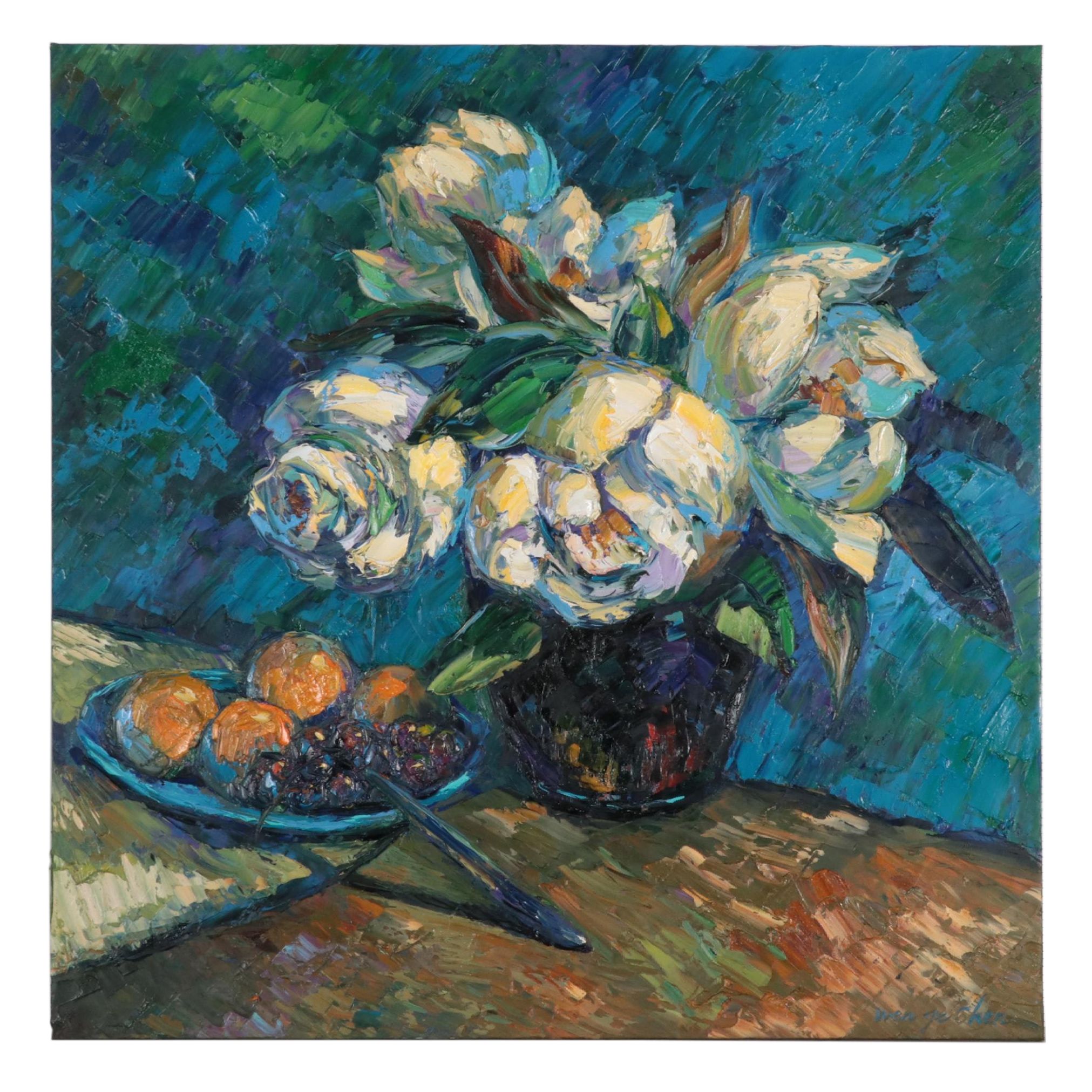 Wen Ze Chen Floral Still Life Oil Painting "Blue Poem," 1995