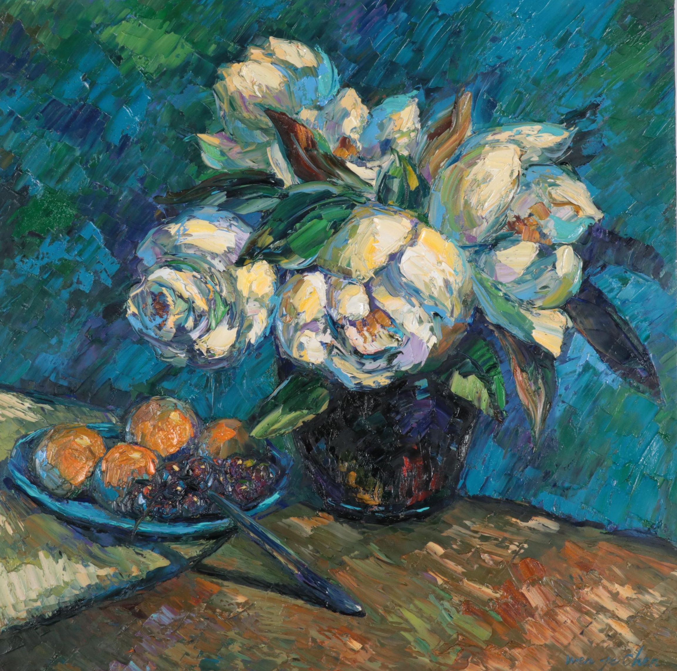 Wen Ze Chen Floral Still Life Oil Painting "Blue Poem," 1995