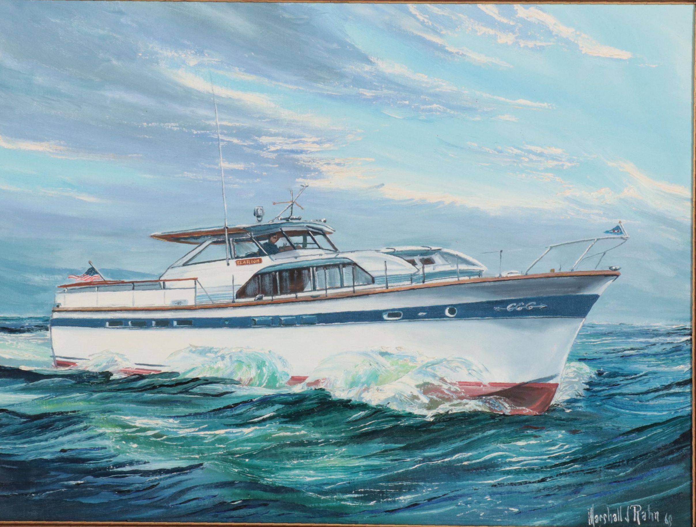 Marshall J. Rahn Nautical Oil Painting of a Yacht, 1968