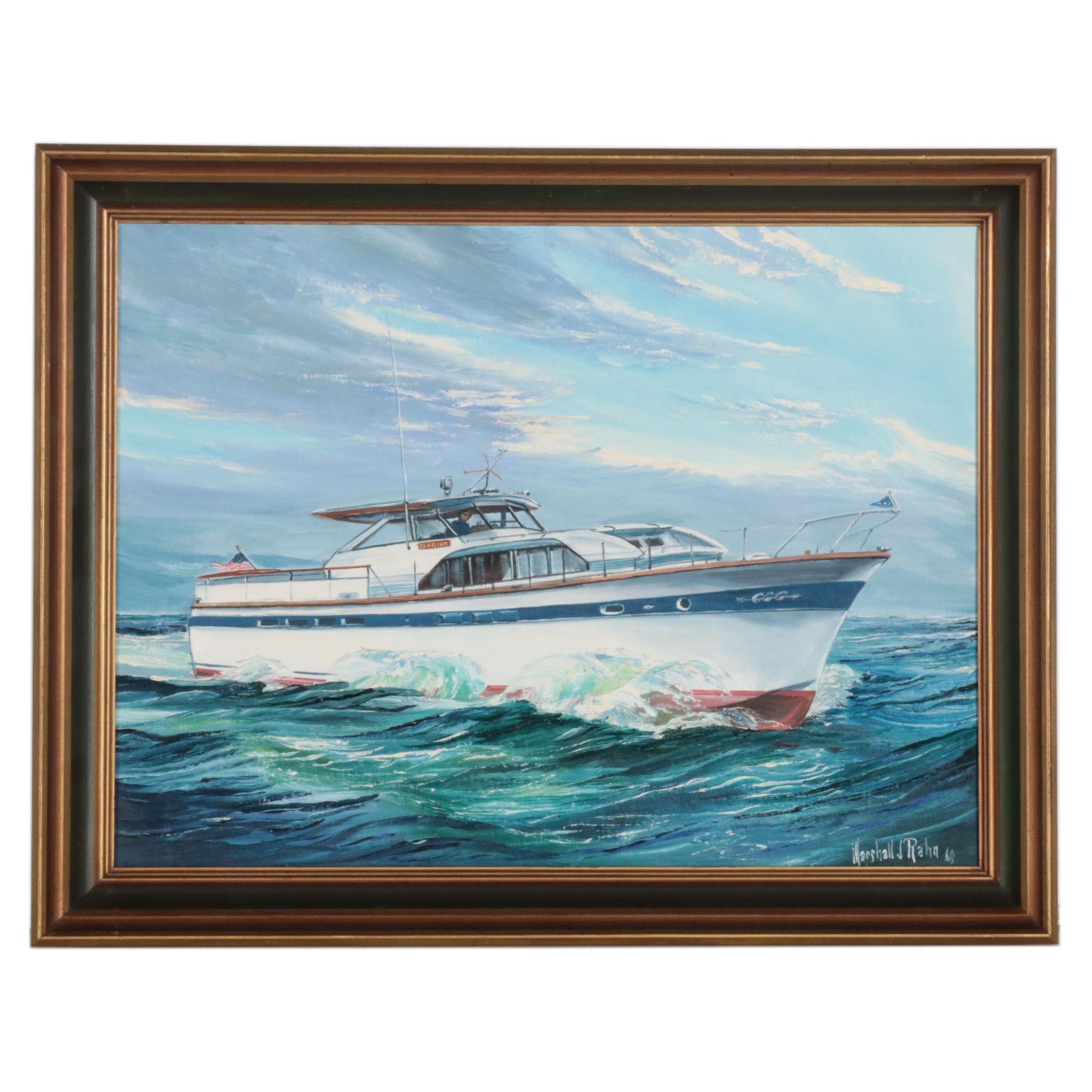 Marshall J. Rahn Nautical Oil Painting of a Yacht, 1968