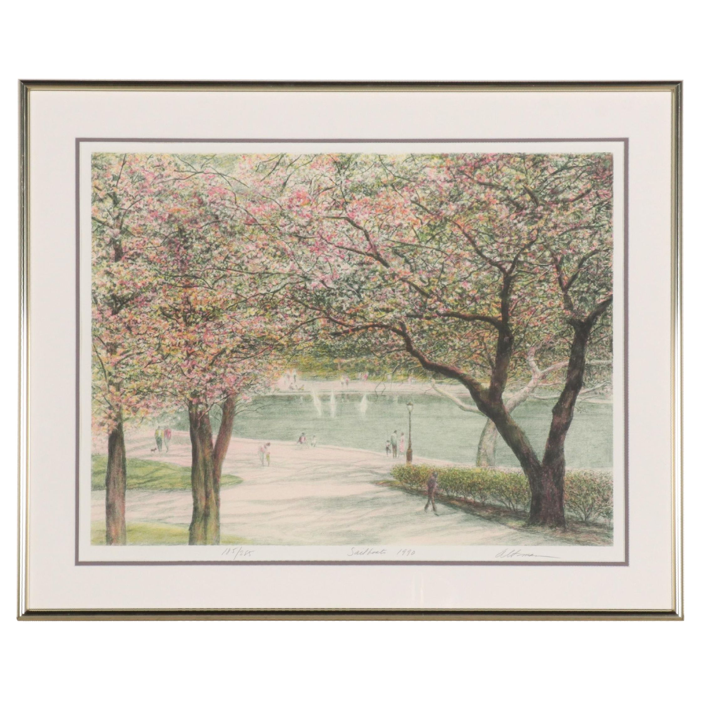 Harold Altman Lithograph of Park Scene "Sailboats," 1990