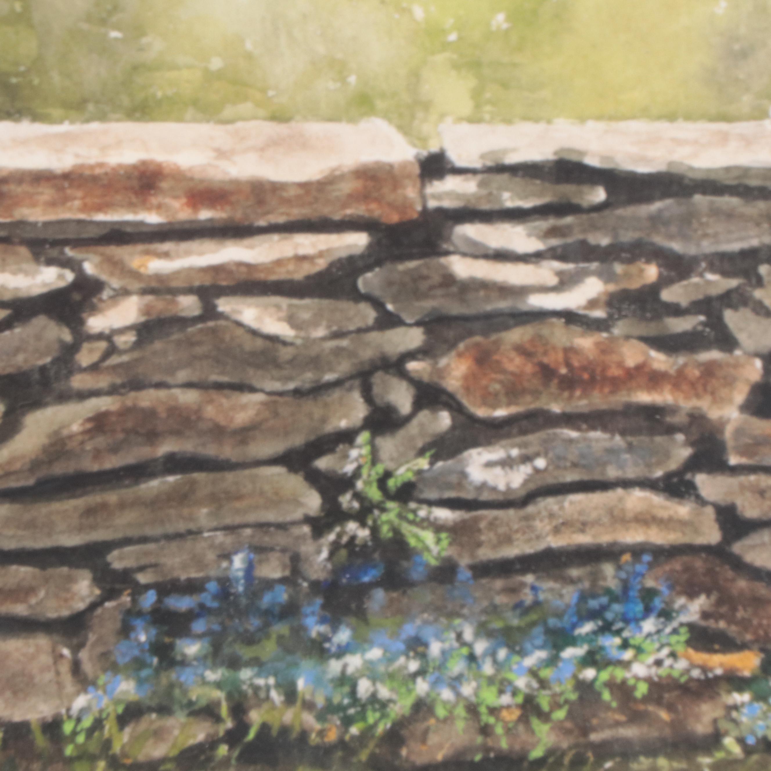 Watercolor Painting of Stone Wall and Flowers