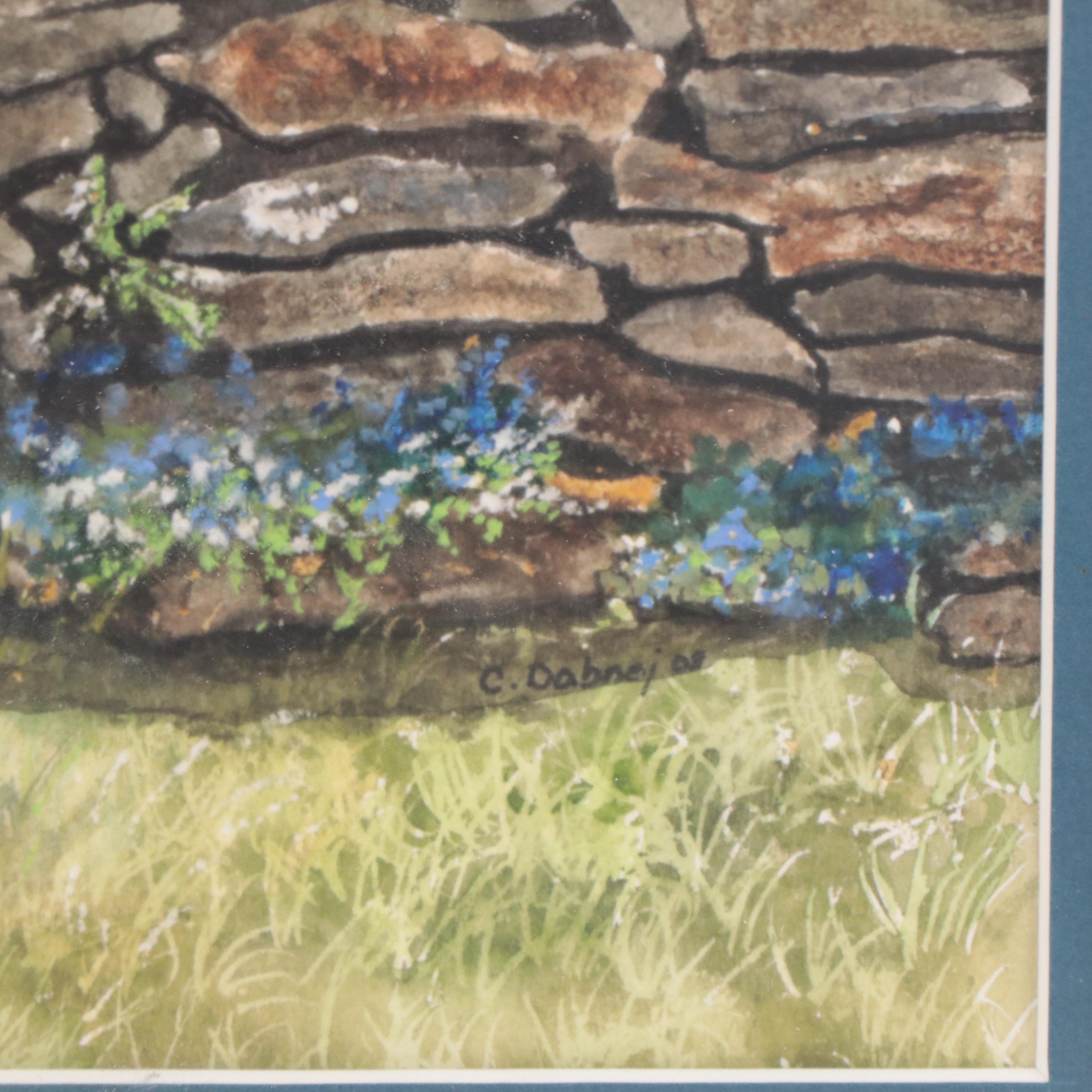 Watercolor Painting of Stone Wall and Flowers