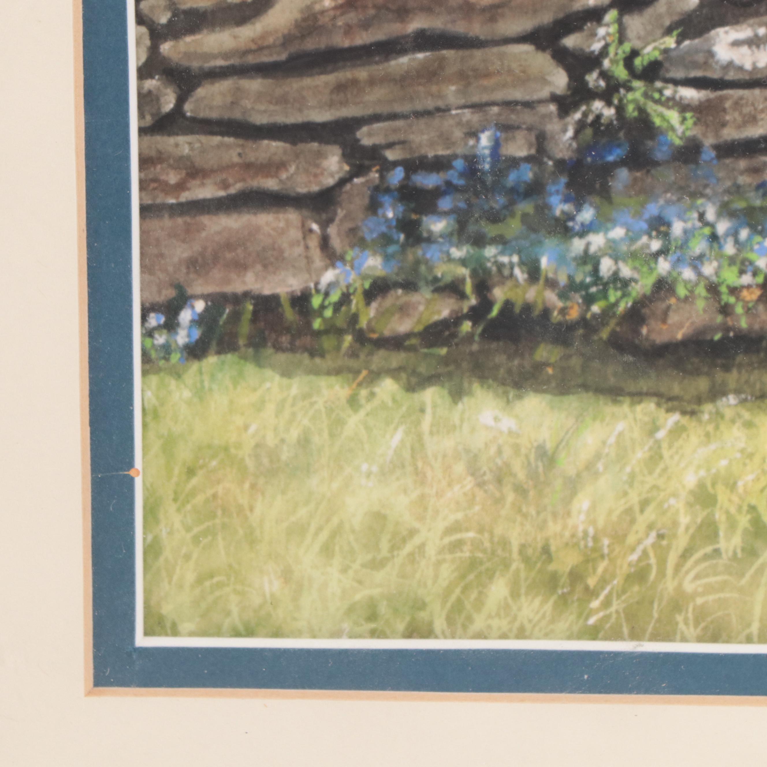 Watercolor Painting of Stone Wall and Flowers
