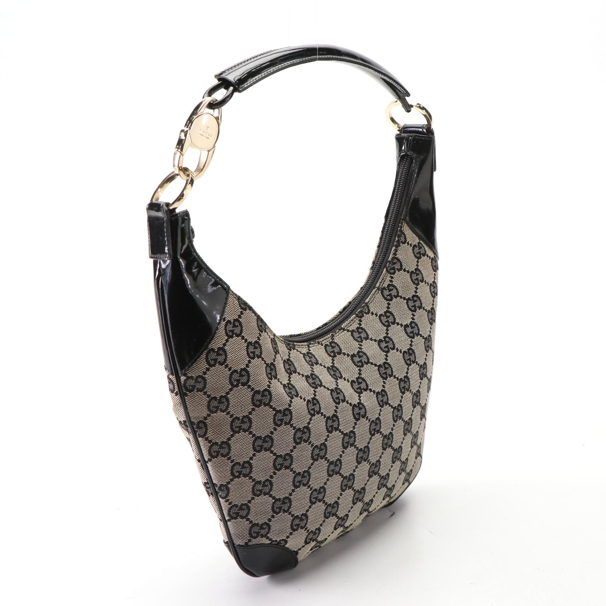 Gucci Hobo Shoulder Bag in GG Canvas and Patent Leather Trim