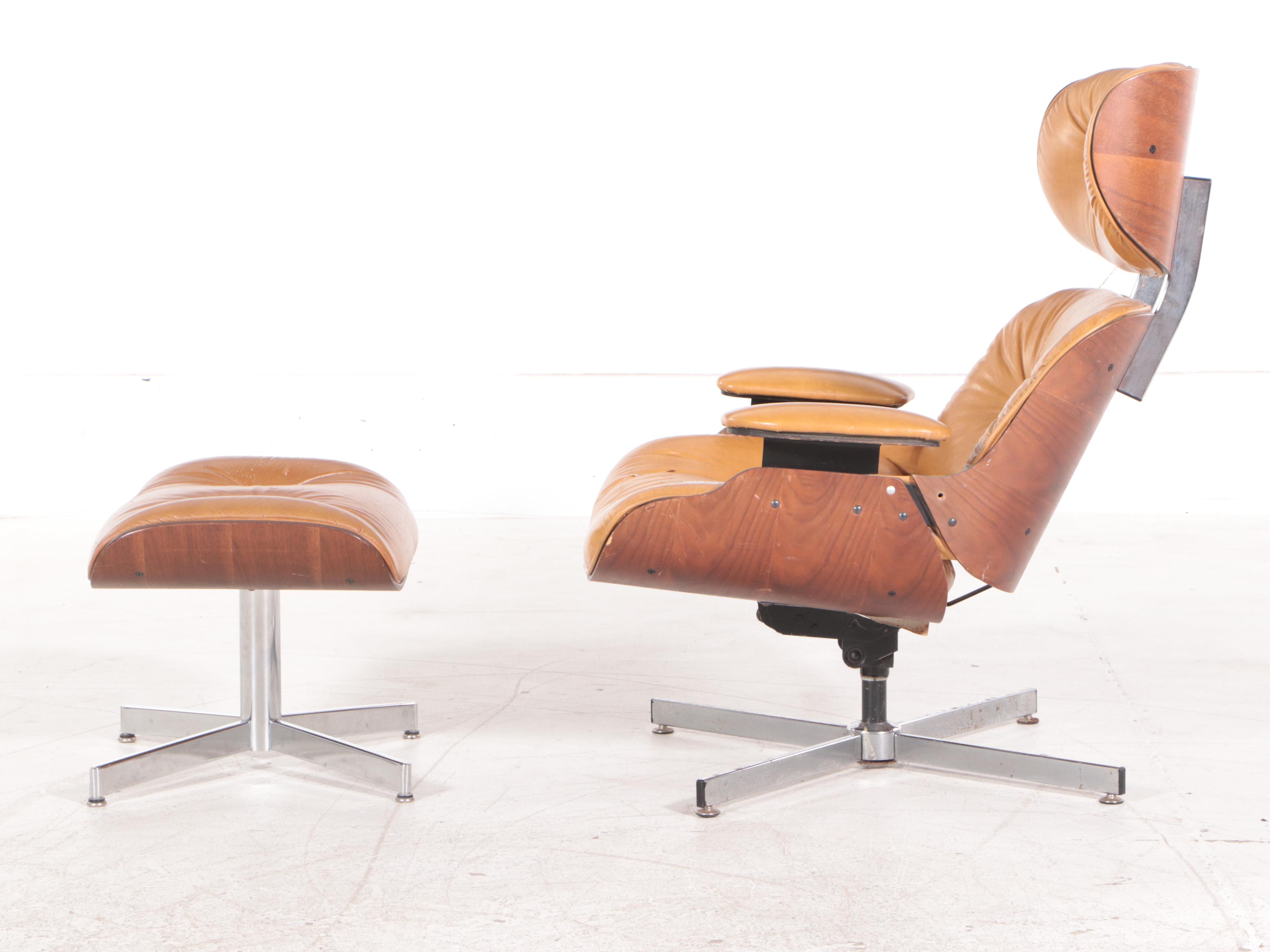 Selig Mid Century Modern Eames Style Faux Leather Lounge Chair and Ottoman