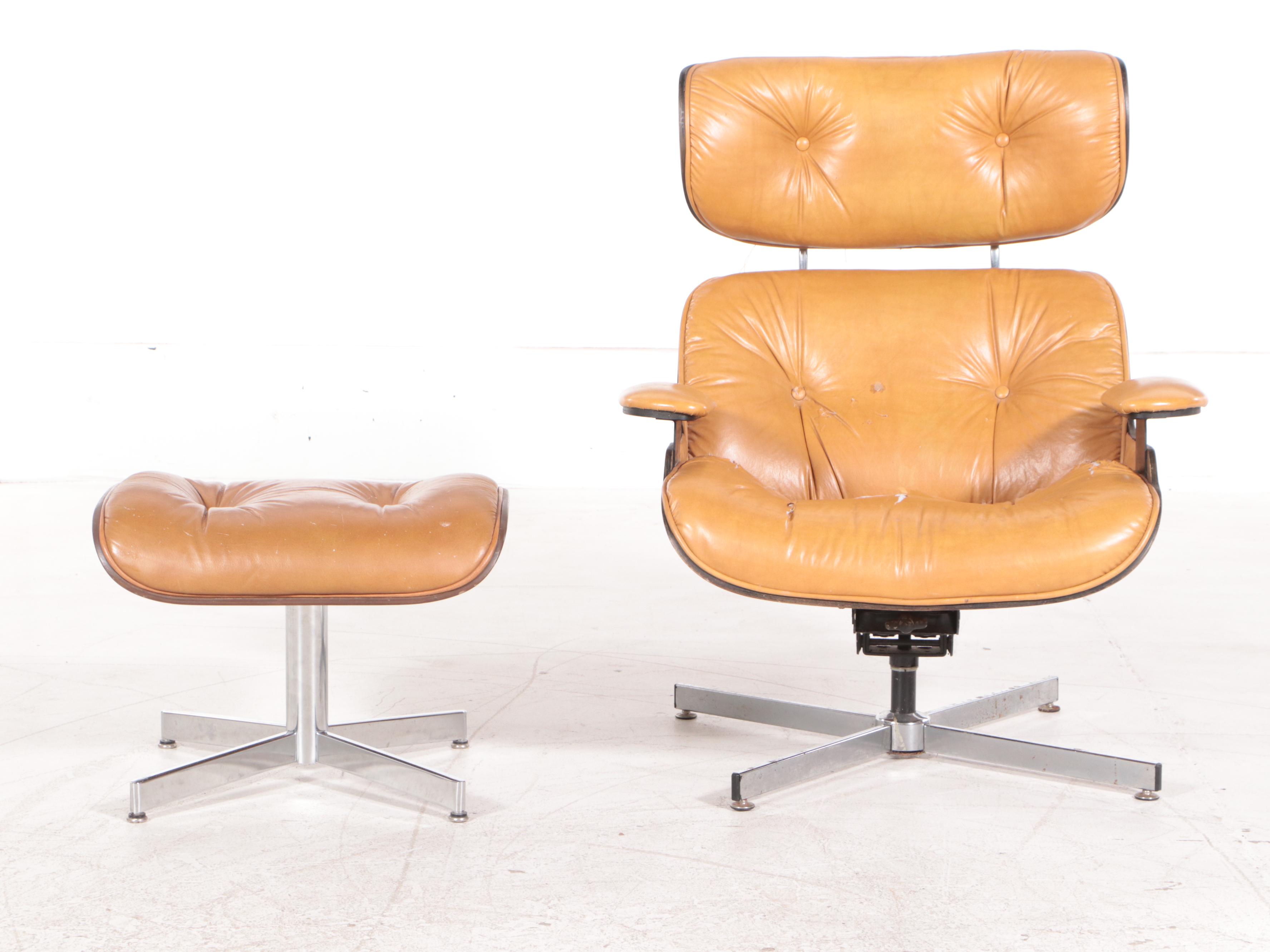 Selig Mid Century Modern Eames Style Faux Leather Lounge Chair and Ottoman