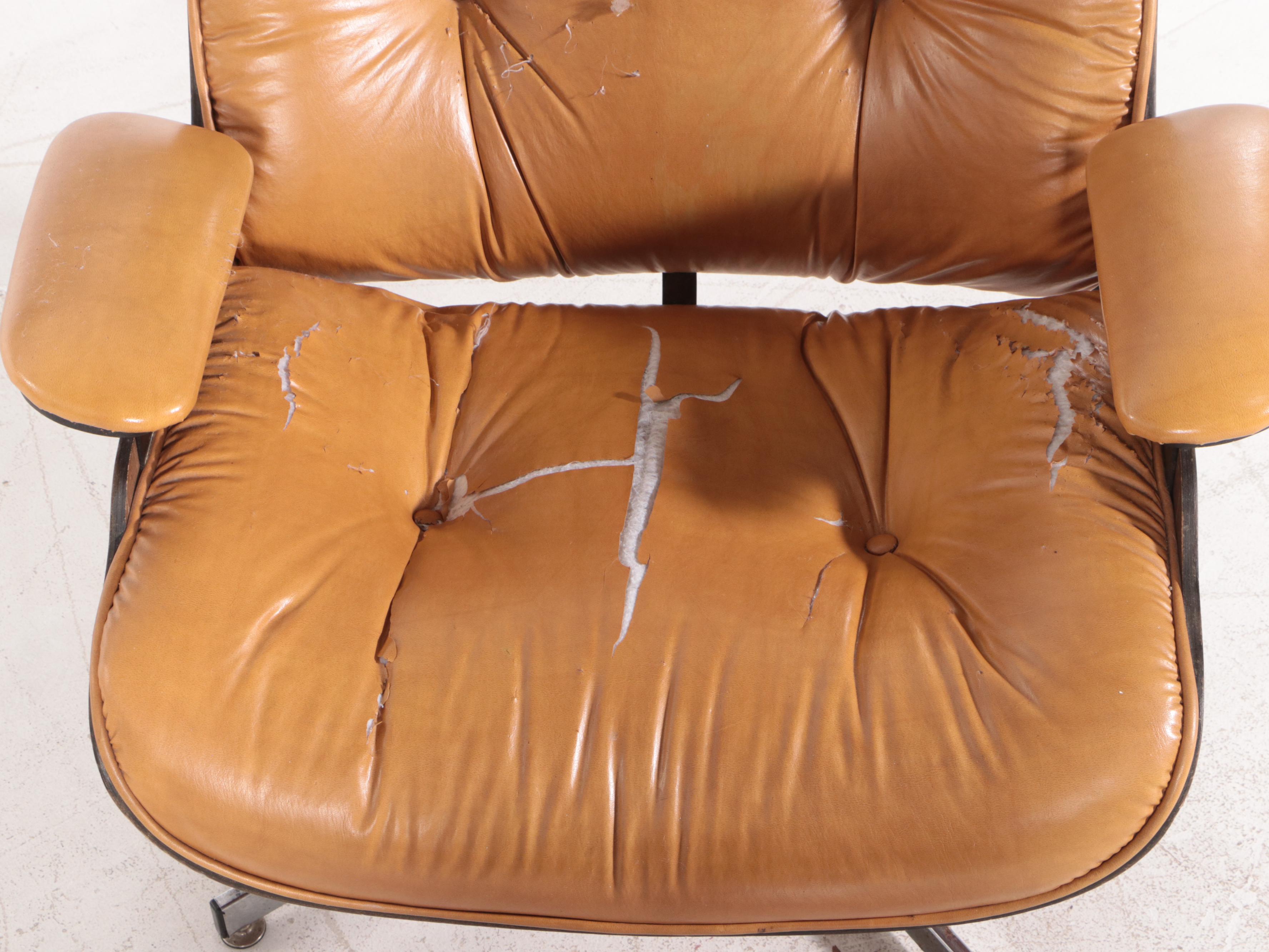 Selig Mid Century Modern Eames Style Faux Leather Lounge Chair and Ottoman