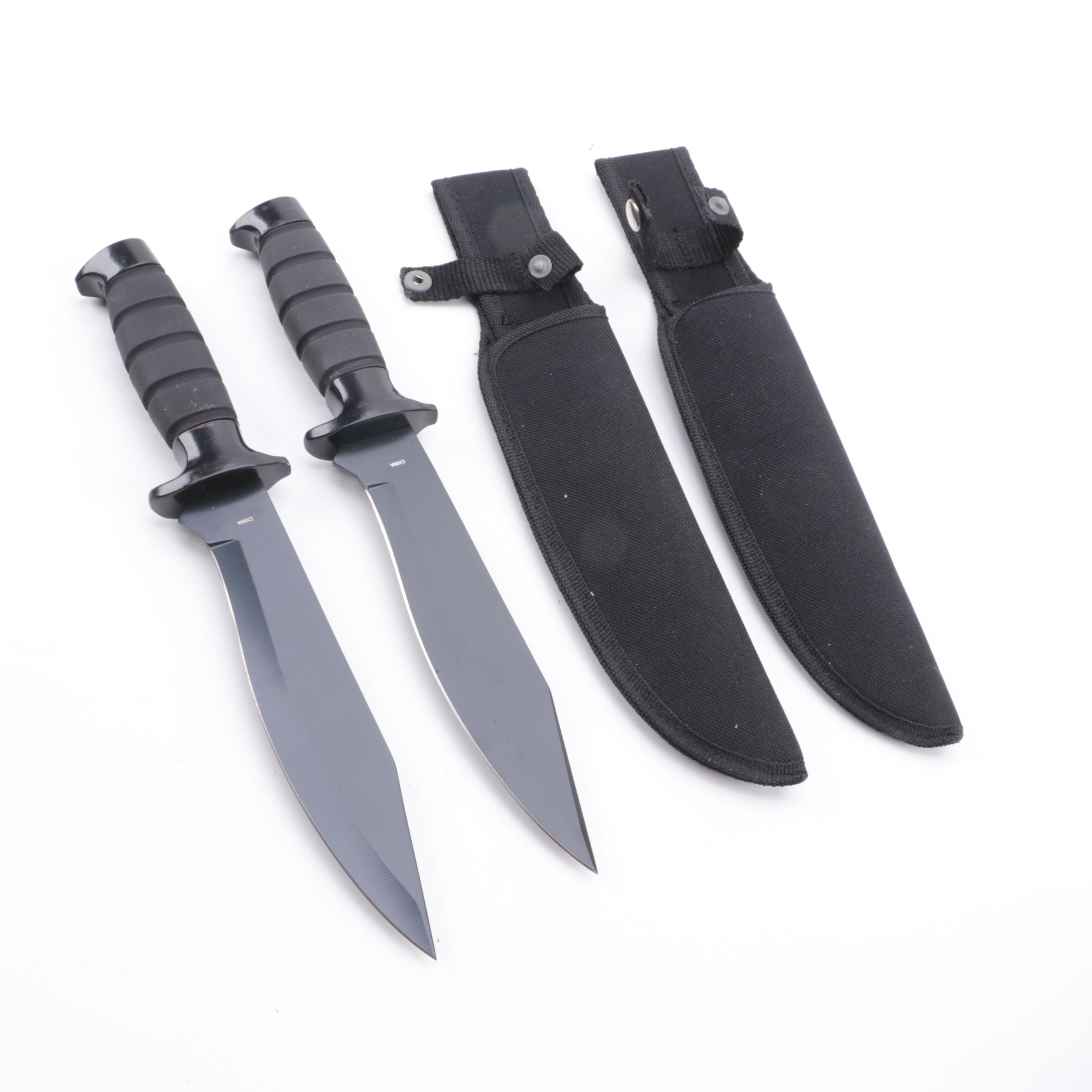 Stainless Steel Hunting Knives with Nylon and Leather Scabbards