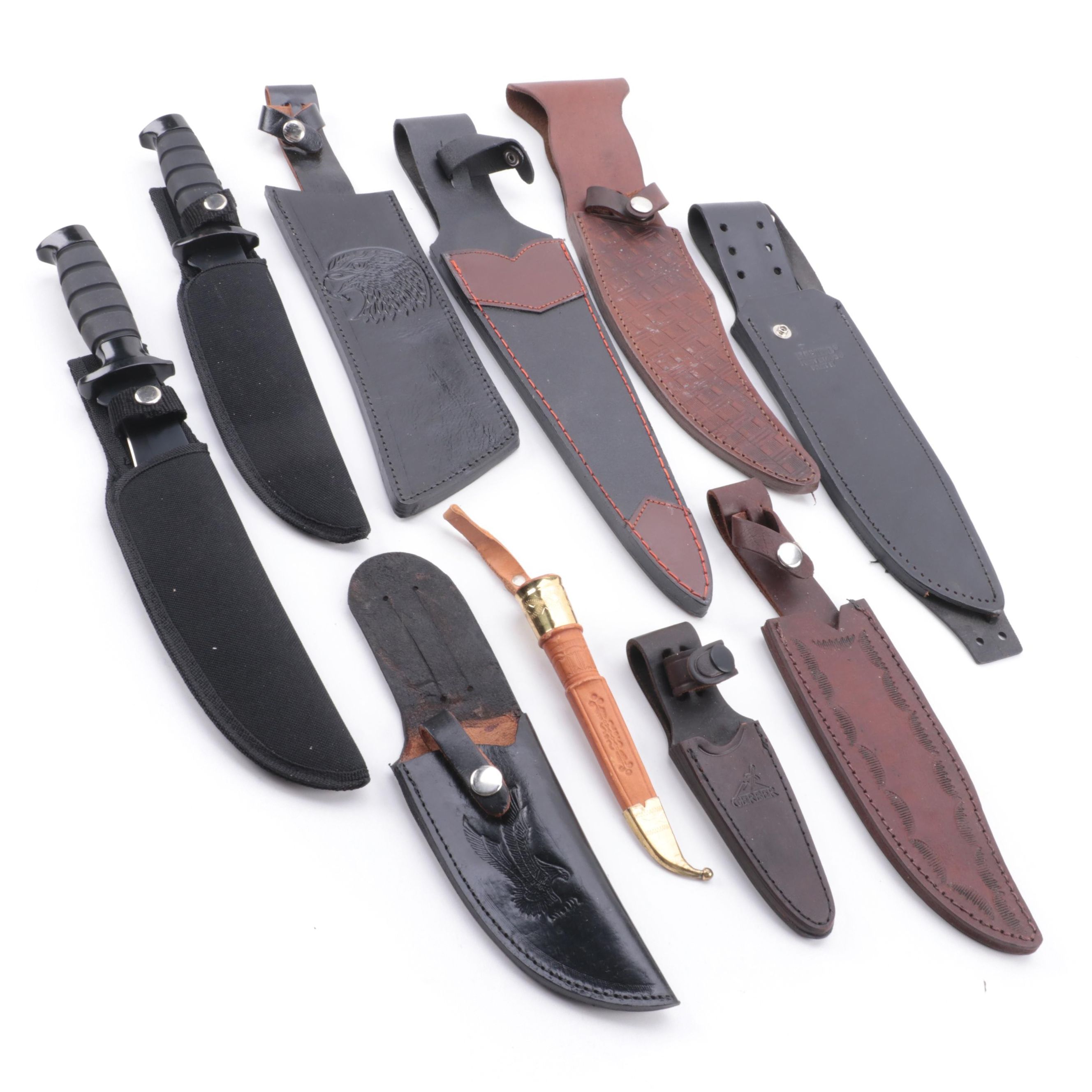 Stainless Steel Hunting Knives with Nylon and Leather Scabbards