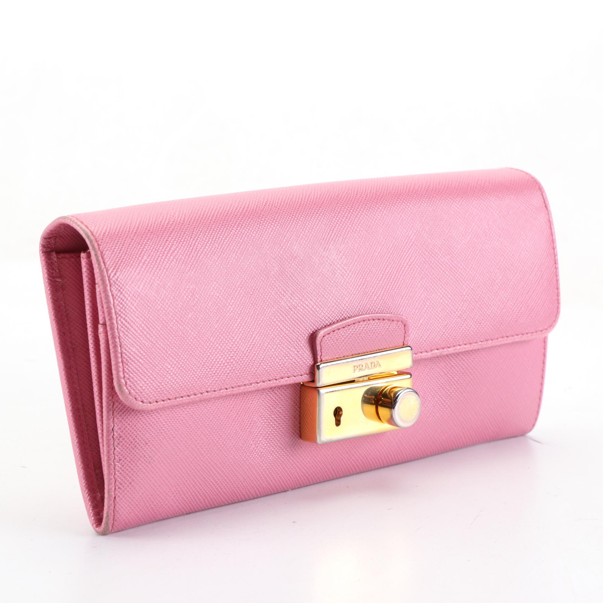 Prada Long Flap Wallet in Pink Saffiano Leather with Box