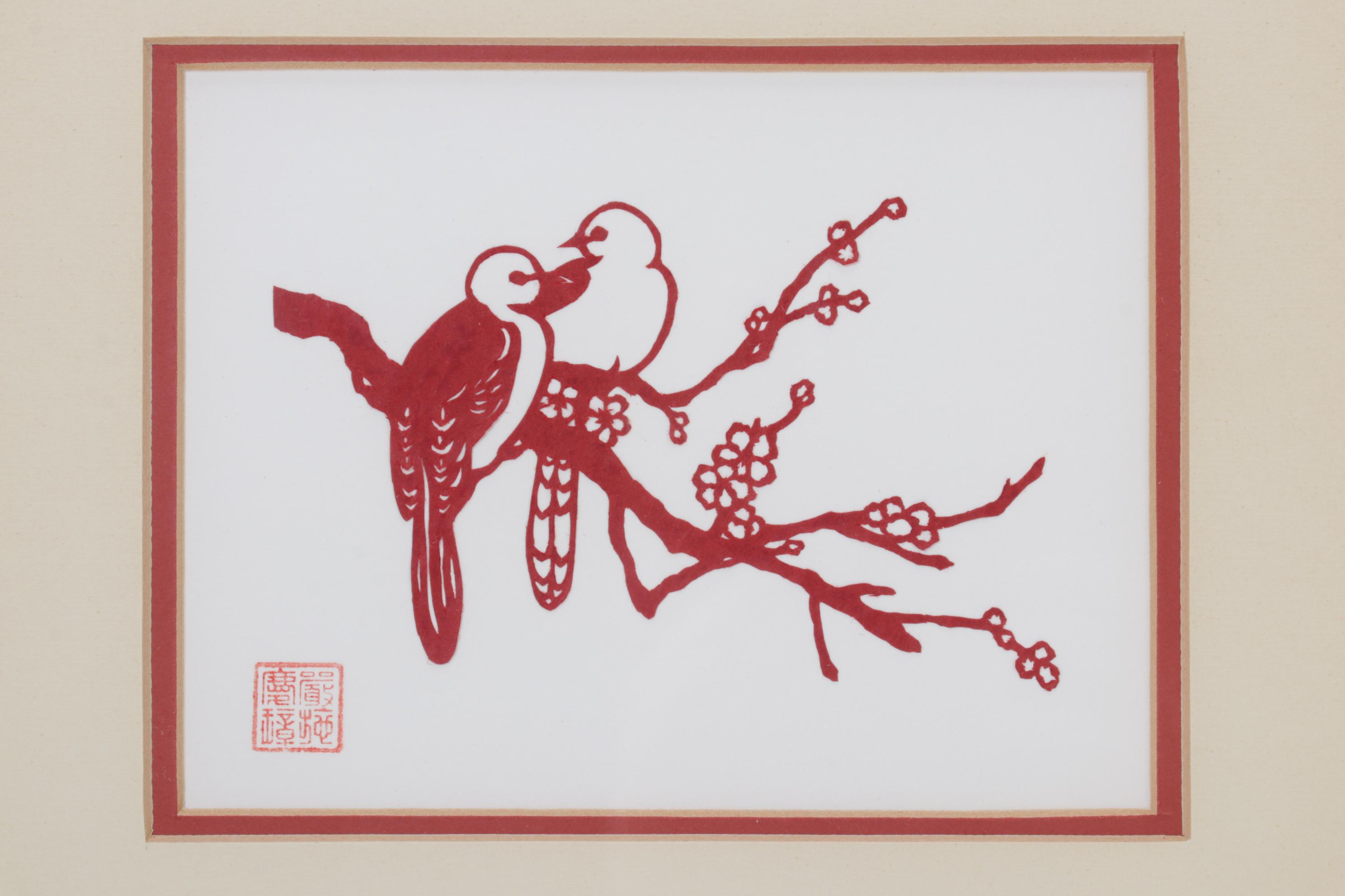Chinese Paper Cut Outs of Birds and Potted Plant