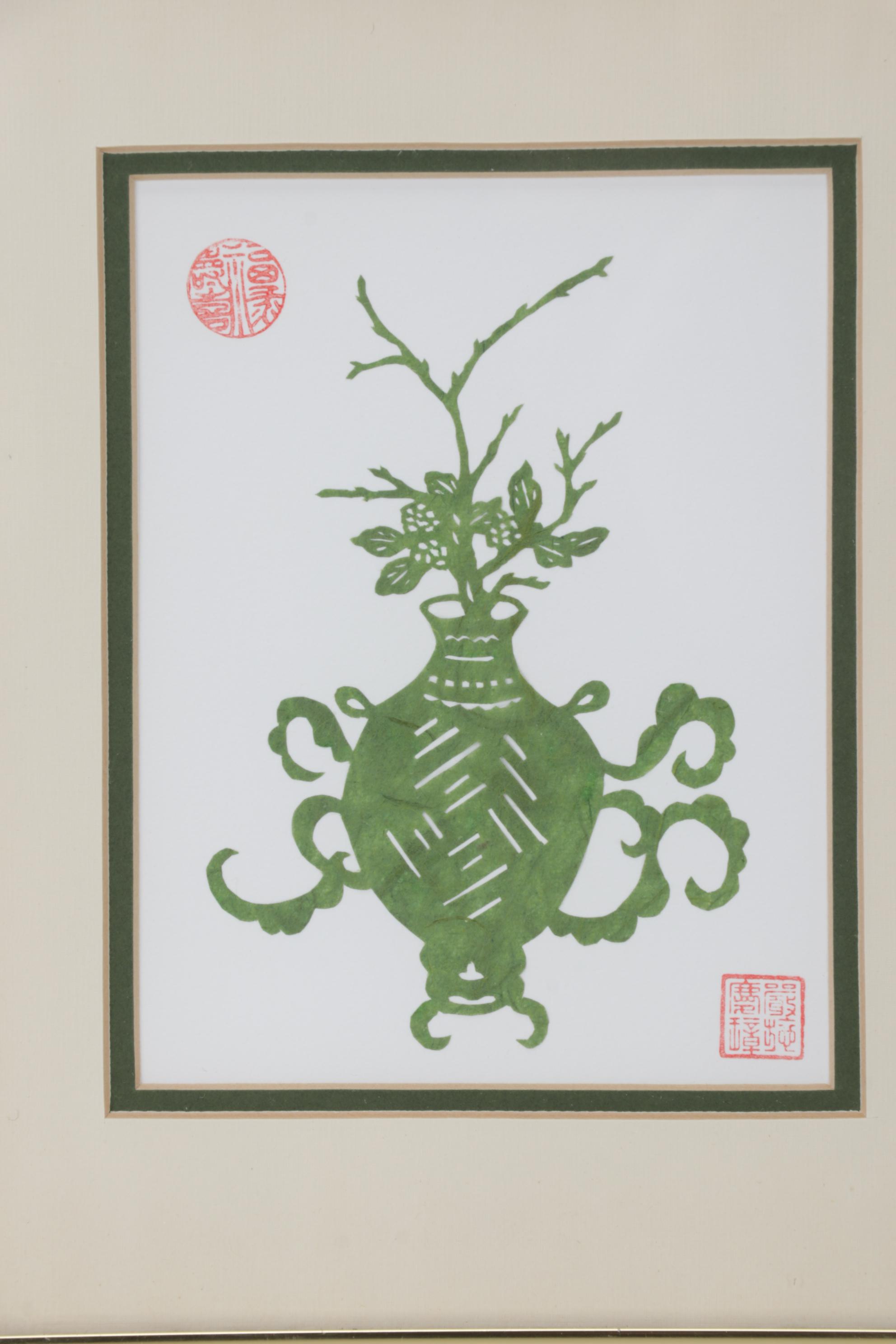 Chinese Paper Cut Outs of Birds and Potted Plant