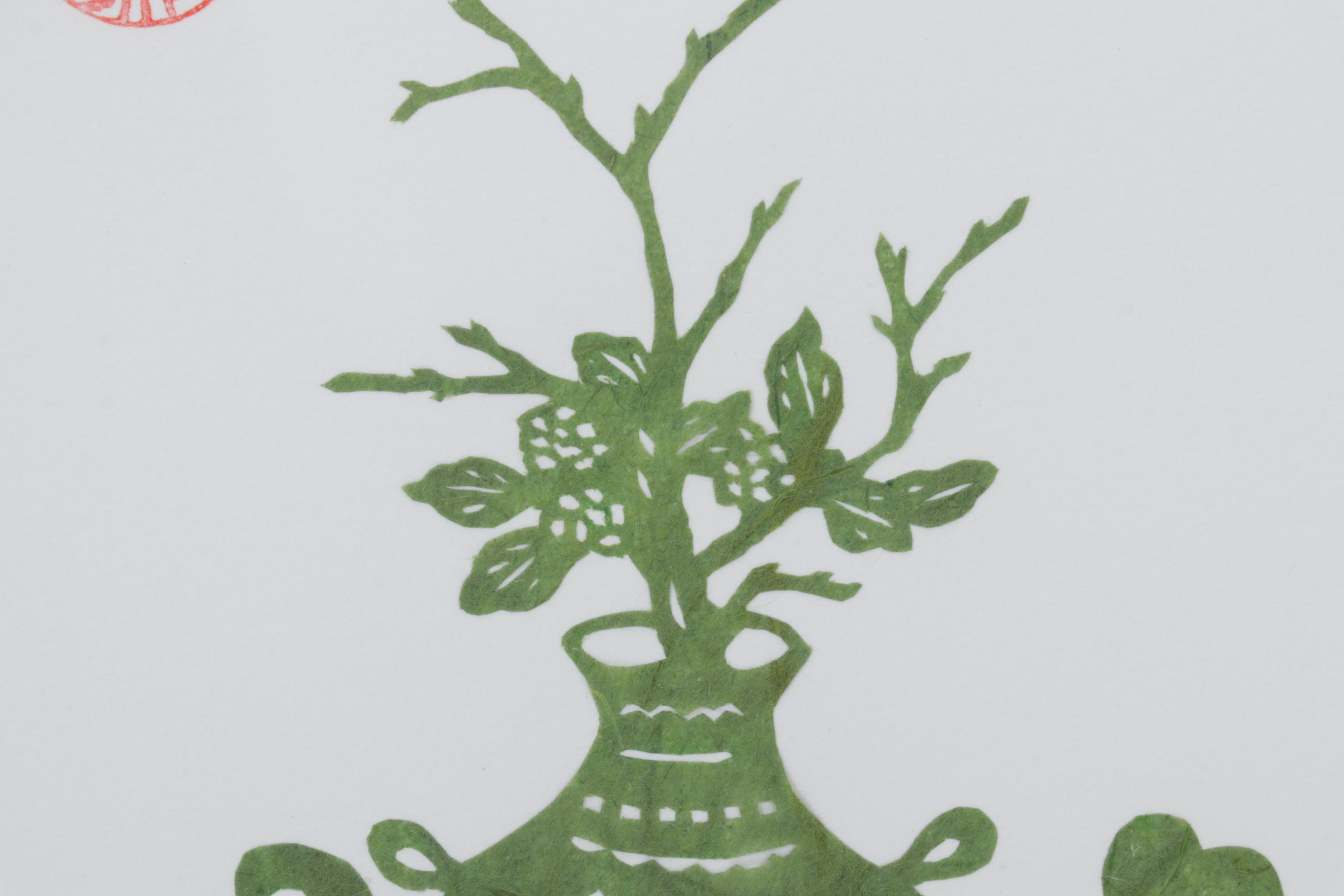 Chinese Paper Cut Outs of Birds and Potted Plant