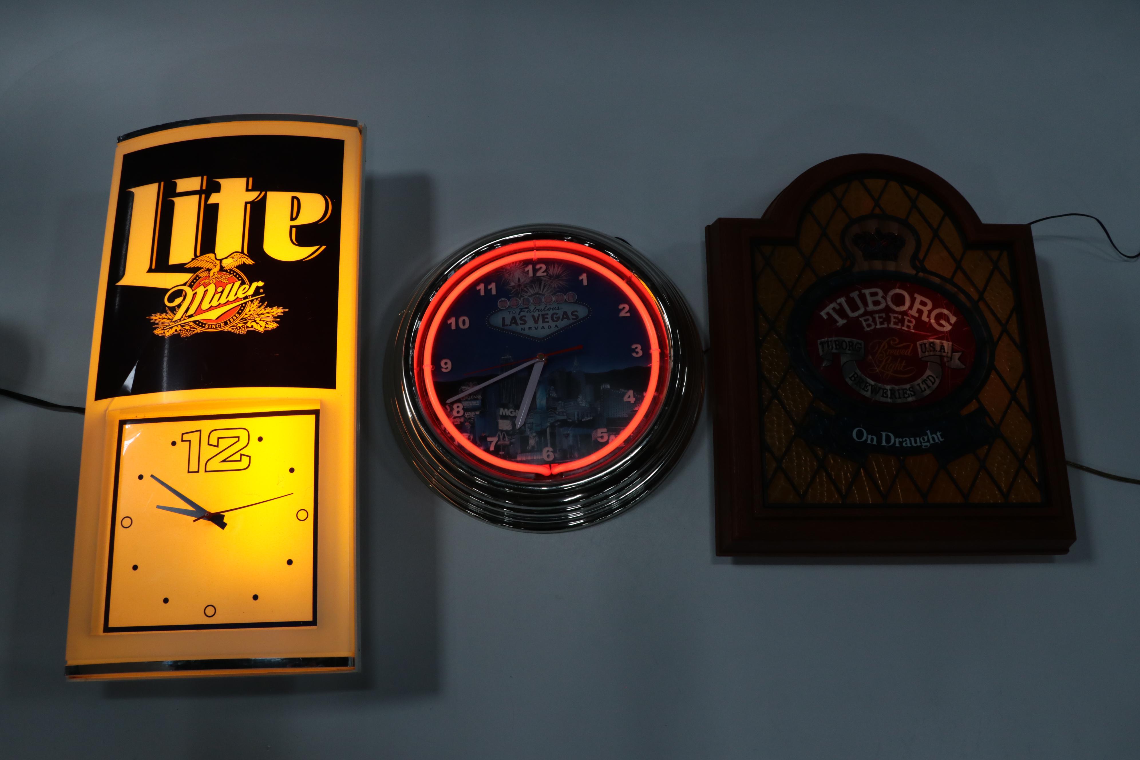 Miller Lite, Tuborg Beer with Other Illuminated Clocks and Sign