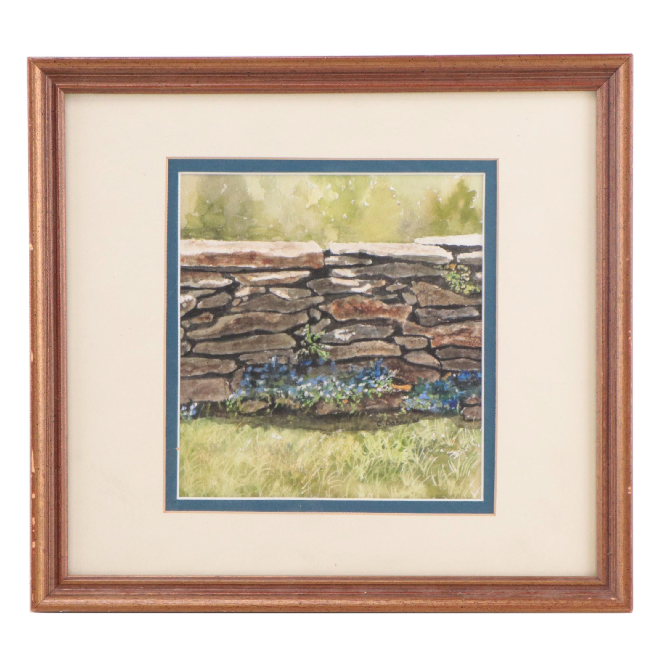 Watercolor Painting of Stone Wall and Flowers