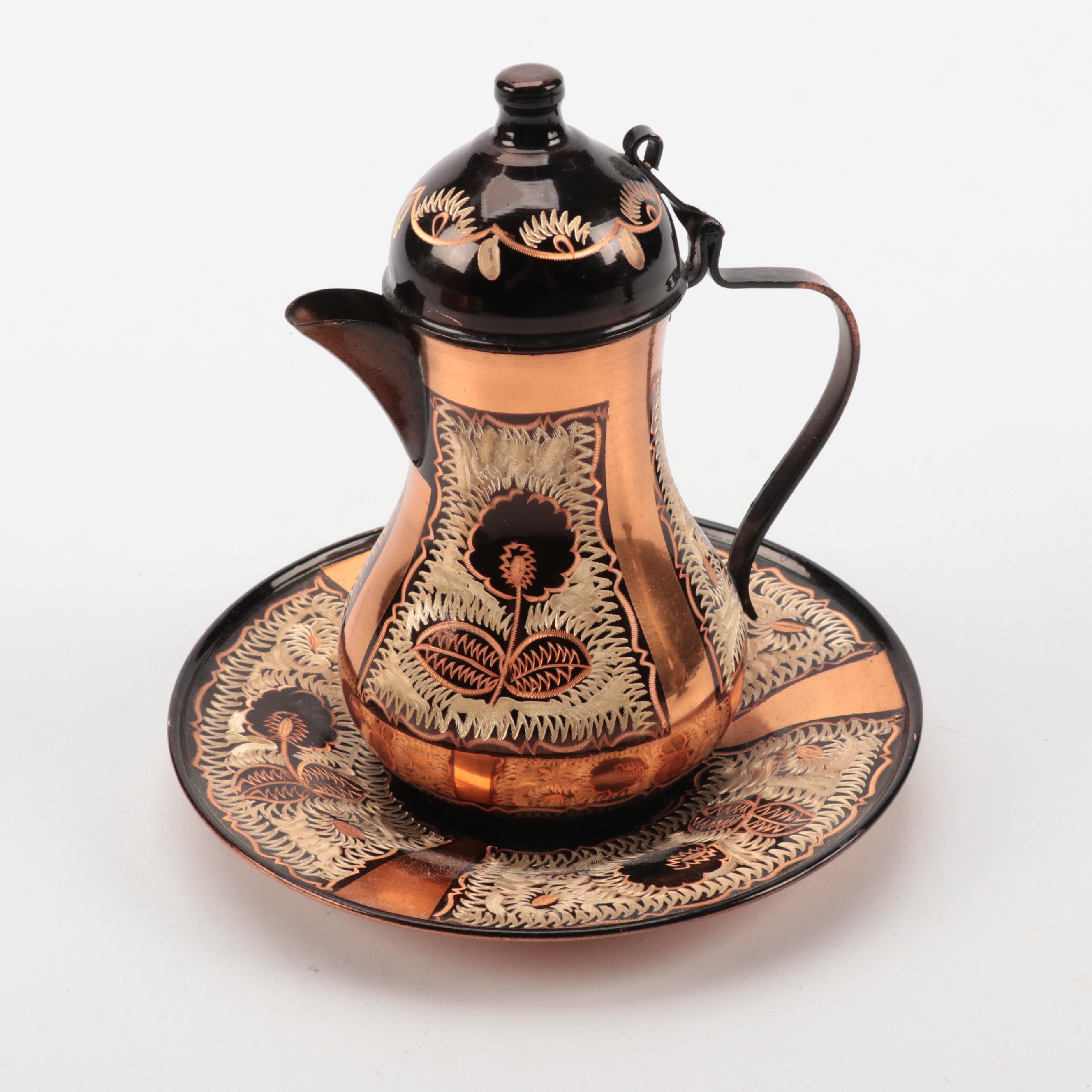 Turkish Etched Copper Trays and Creamer with Etched Metal Floral Vase