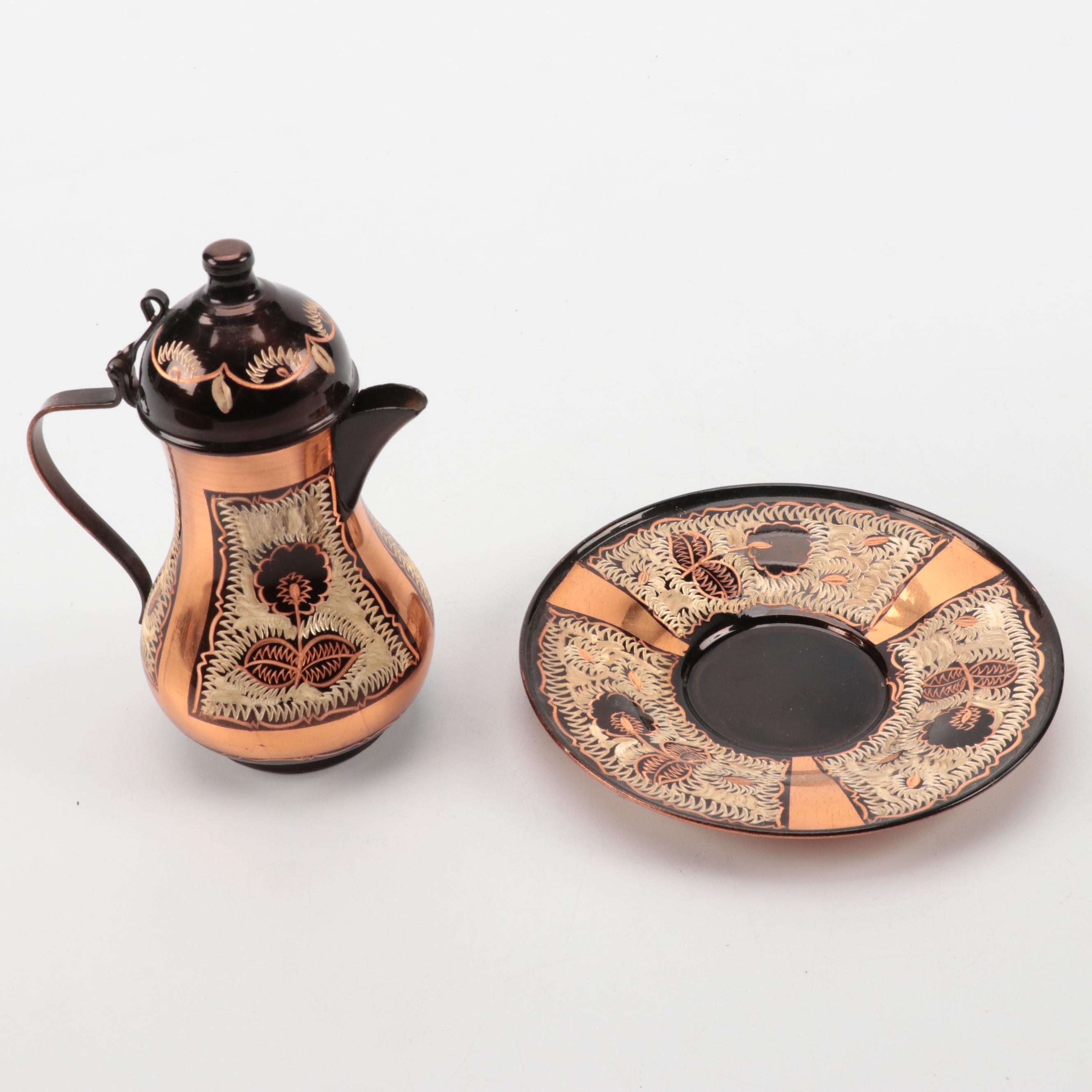 Turkish Etched Copper Trays and Creamer with Etched Metal Floral Vase