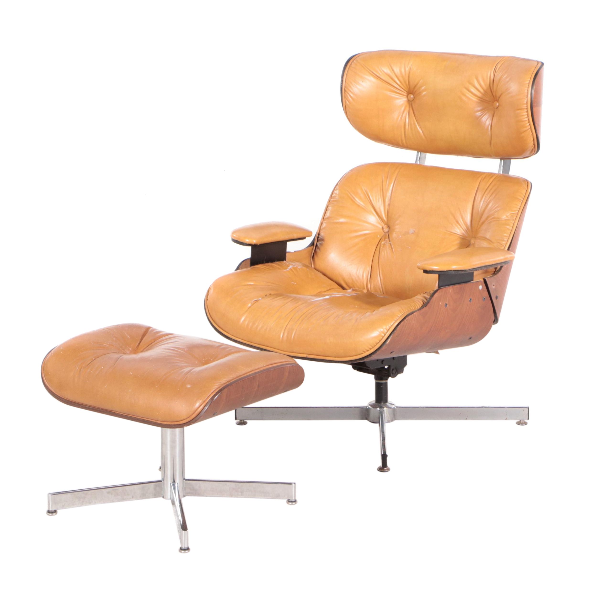 Selig Mid Century Modern Eames Style Faux Leather Lounge Chair and Ottoman