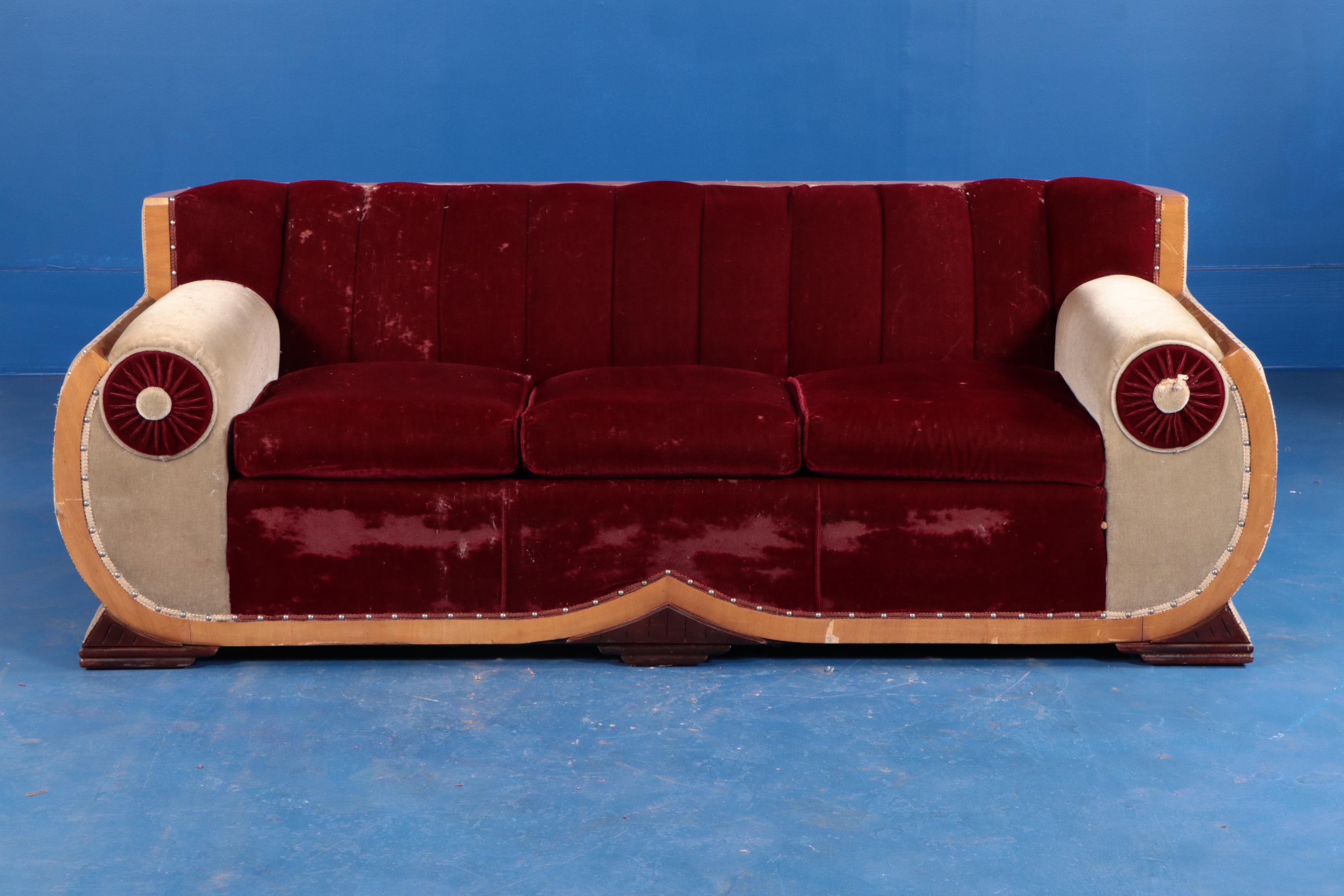 Hausske-Harlen Art Deco Style Upholstered Sofa and Armchair, 1950s